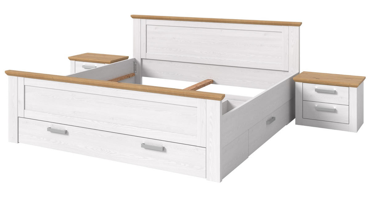 SCHLAFZIMMER weiß Lärche, Eiche Artisan Landhaus Set mit Bett inklusive Bettschubkästen, 2x Nachttisch - Eichefarben/Silberfarben, Holzwerkstoff/Kunststoff (180/200cm) - Inn.Furn