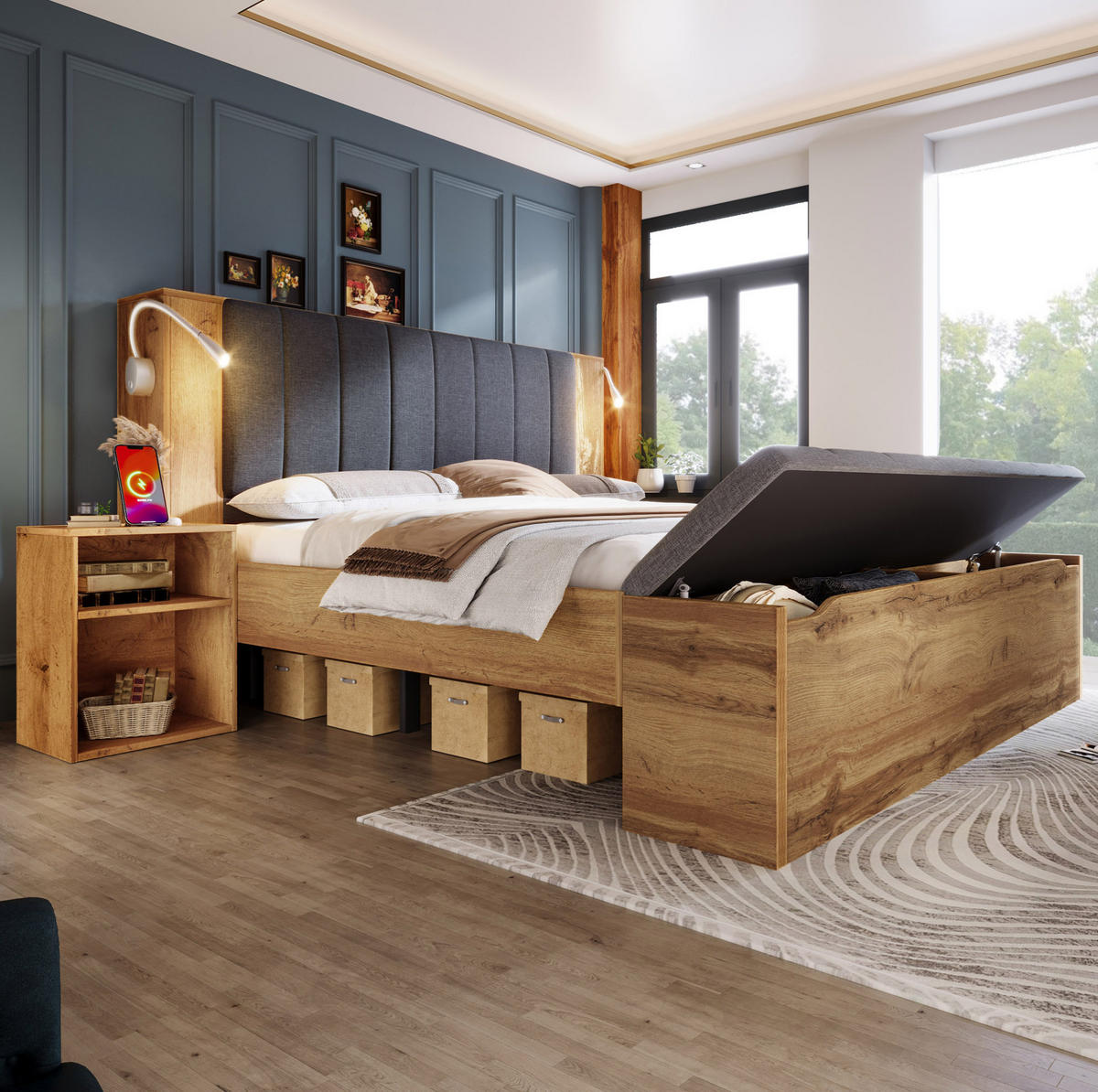 BETT 160/200 cm Eiche aus Holz mit Nachttischen, Bettbank und Leselampen - Eichefarben, Holzwerkstoff (160/200cm) - OKMYHOME