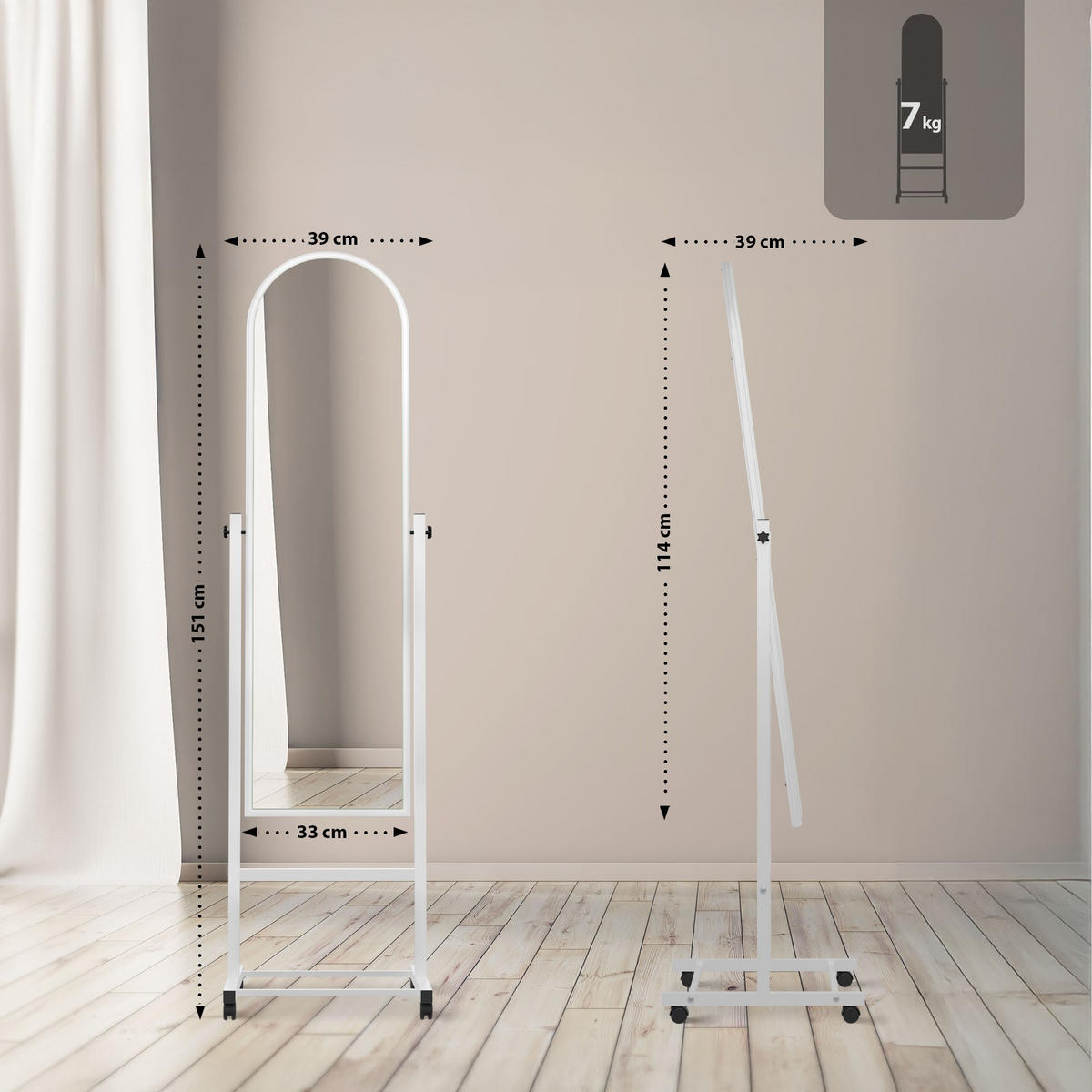 STANDSPIEGEL rund Holz weiß - Weiß, Holz (39/151/39cm) - CLP