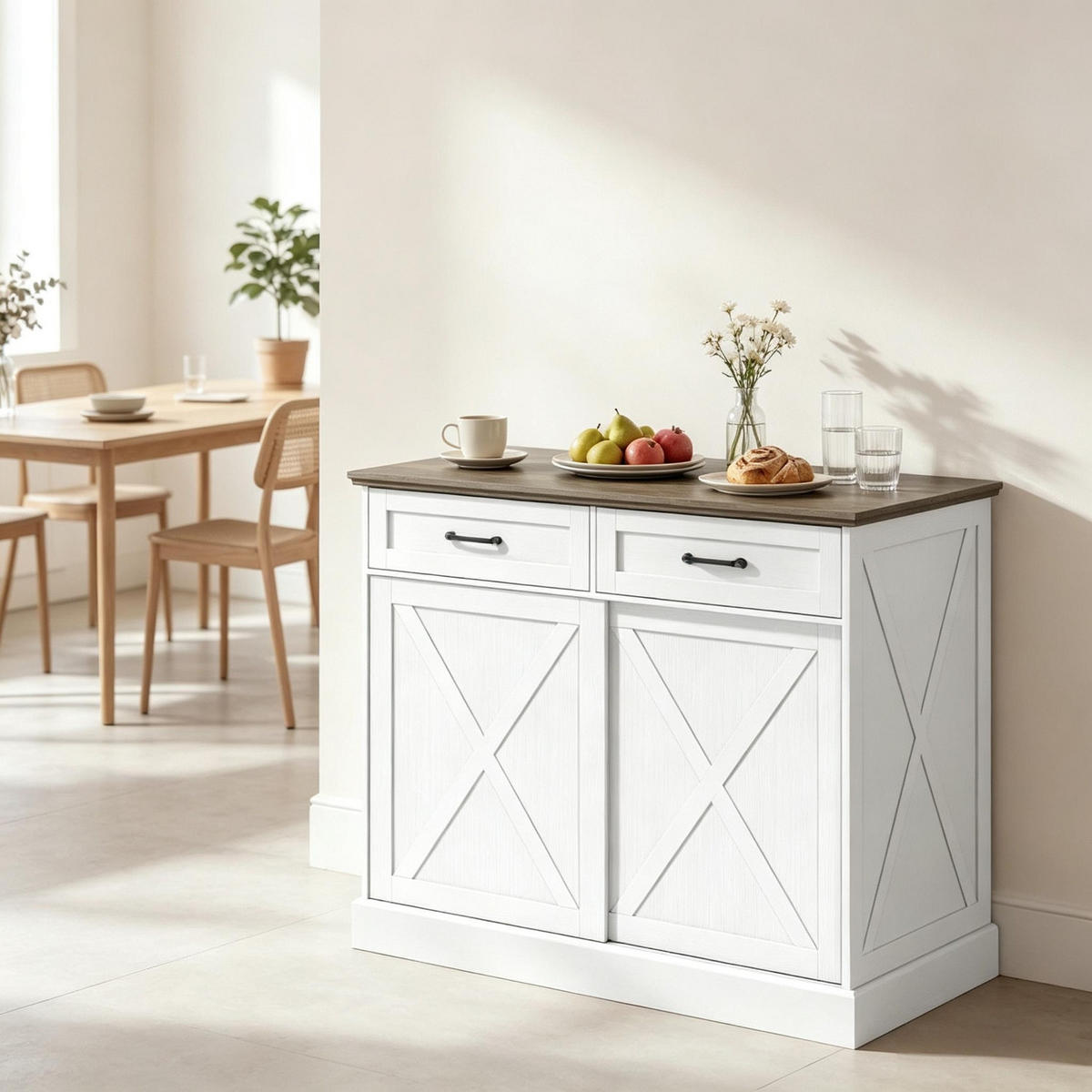 KÜCHENINSEL-SCHRANK, MIT SCHIEBETÜRSCHRANK, Weiß-Antikbraun, Bauernhausstil, 106,4/57/92 cm - Braun, Holzwerkstoff (57/92/106.4cm) - Rolipo