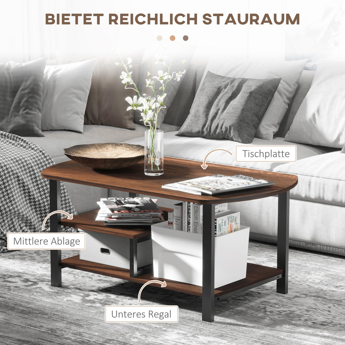 COUCHTISCH mit Stauraum, E1 Spanplatte, Eisen, Braun - Braun, Holzwerkstoff/Metall (100/60/46cm) - HOMCOM