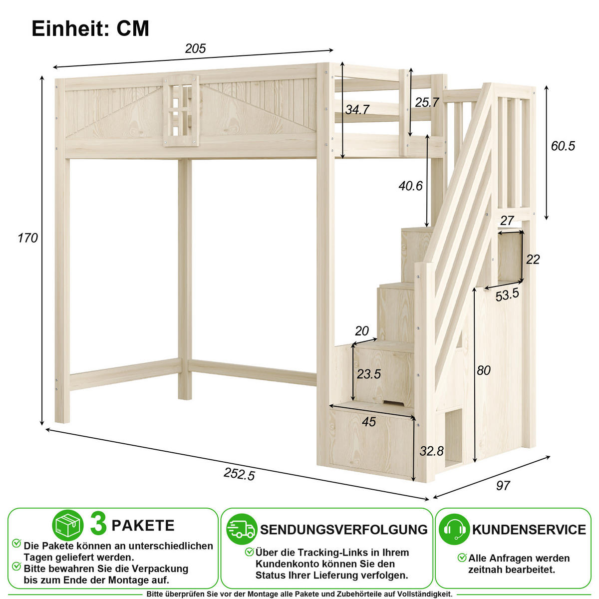 HOCHBETT 90/200 cm in Natur mit Ablage und Leiter aus Massivholz - Naturfarben, Holz/Holzwerkstoff (90/200cm) - CHICFURN