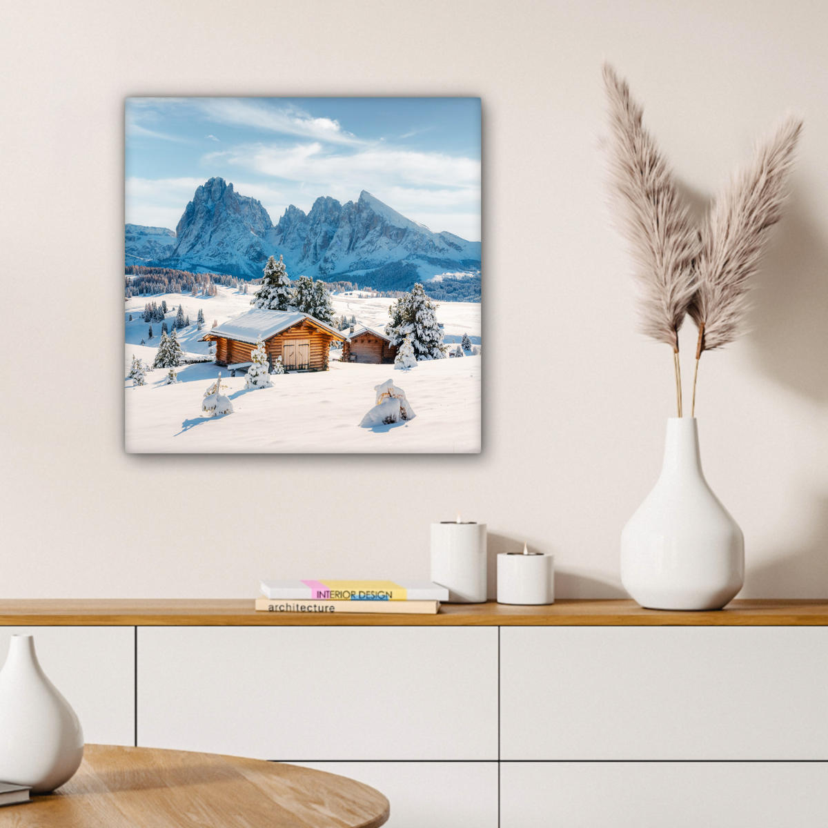 LEINWANDBILD Winter - Hütte - Berge - Aussicht - Schnee Wandbild Wohnzimmer 50x50 cm - Eichefarben, Textil (50/50cm) - MuchoWow