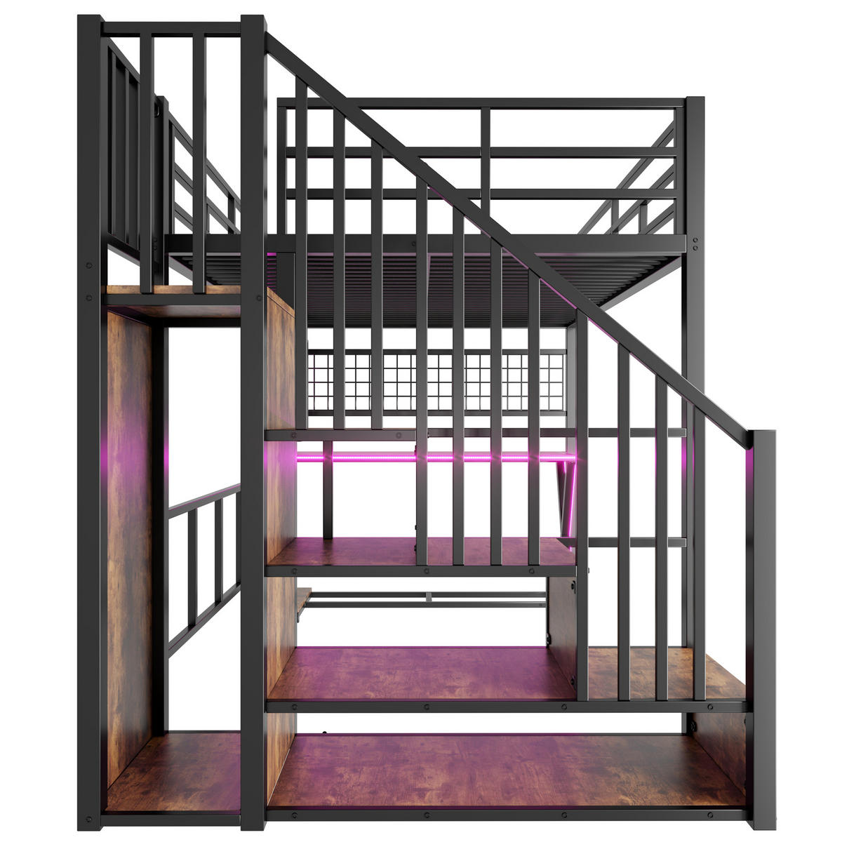 HOCHBETT 140/200 cm in Schwarz mit LED, Ablageleiter, Schreibtisch und Kleiderschrank - Schwarz, Holzwerkstoff/Metall (140/200cm) - WISHDOR