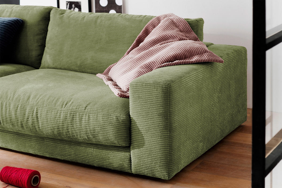 SOFA 3-SITZER MADELINE Grün Cord - Schwarz/Grün, Textil (290/85/127cm) - KAWOLA