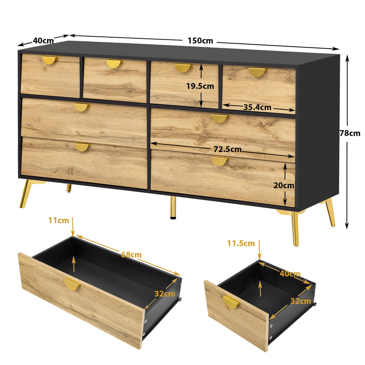SIDEBOARD mit 8 Schubladen Brown und Black 150/40/78 cm - Braun, Holz (40/78/150cm) - Urban Meuble