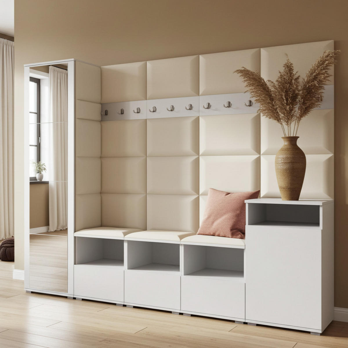 GARDEROBE NELA XI 250 cm (Modulare Flurmöbel Weiß mit Spiegel & Sitzpolster Creme 01 Großes Set) - Silberfarben/Creme, Holz/Holzwerkstoff (250/187/40cm) - Ravio