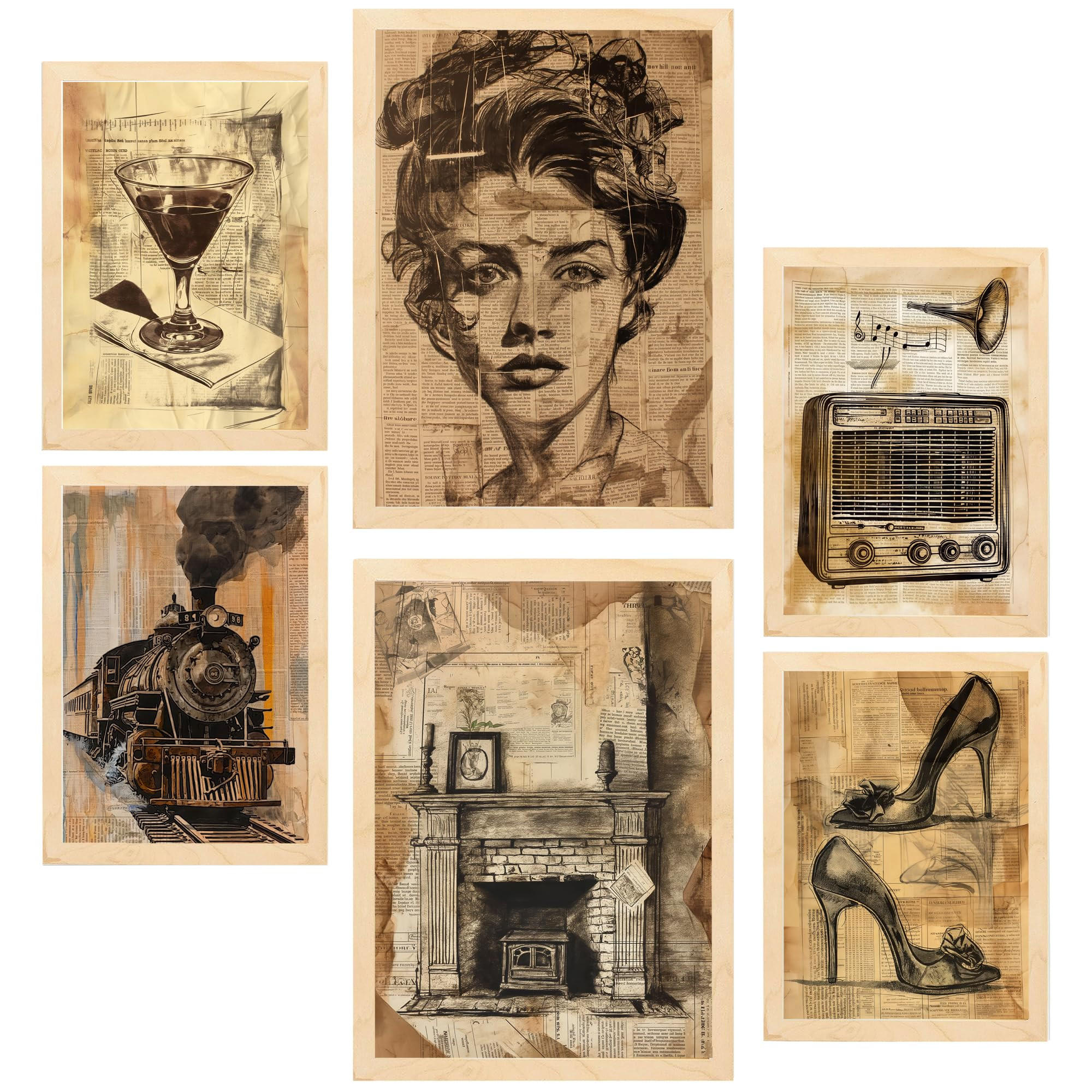 POSTER Set Mit 6 Vintage Life Wein Zehenschuhe Radio Frau A3 & A4 Rahmen Aus Hellem Holz - Beige, Papier (29/3cm) - Nacnic
