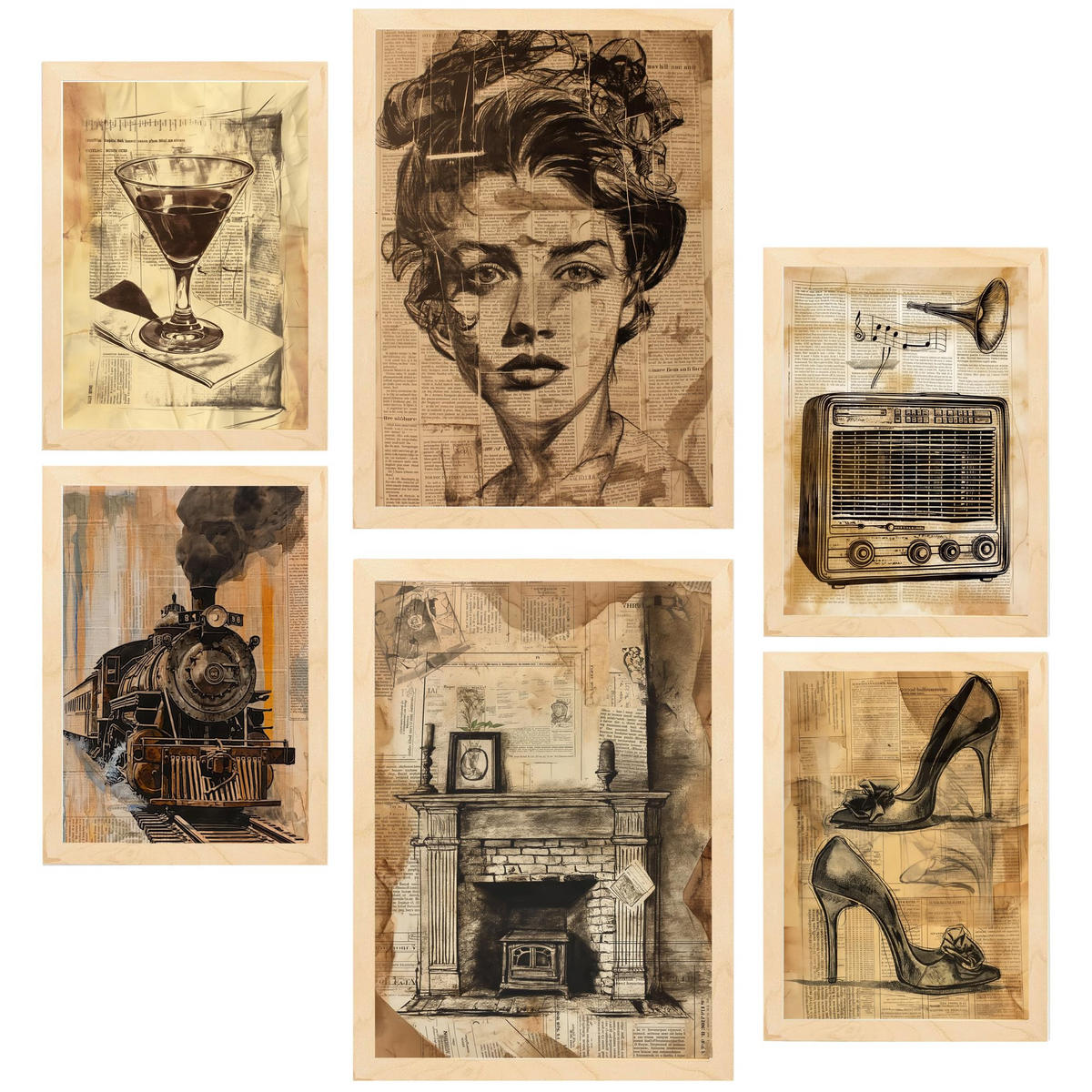 POSTER Set Mit 6 Vintage Life Wein Zehenschuhe Radio Frau A3 & A4 Rahmen Aus Hellem Holz - Beige, Papier (29/3cm) - Nacnic