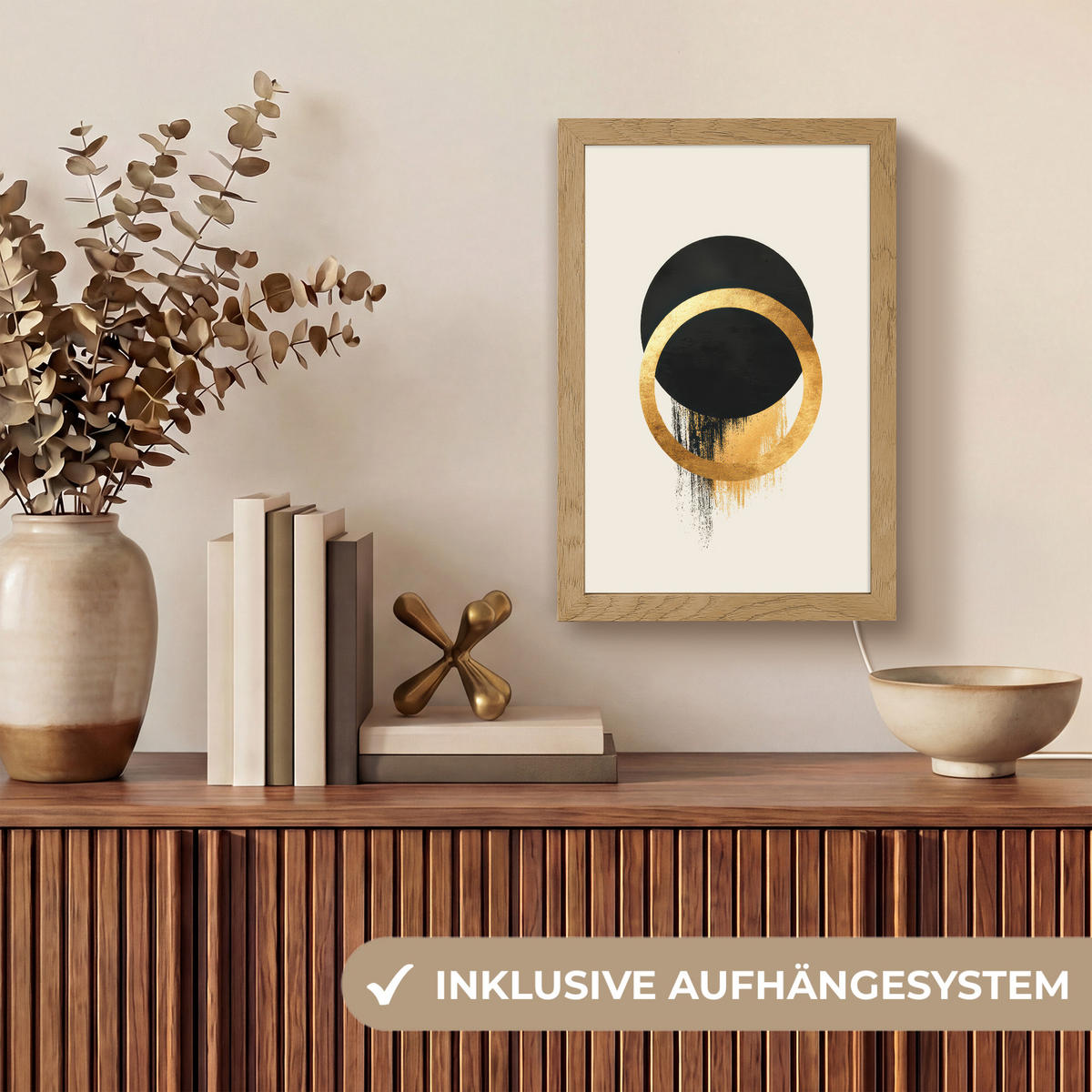 NÁSTĚNNÁ LAMPA Abstraktní design - Černý kruh - Skvrny od barvy 20x30 cm - krémová, kompozitní dřevo (20/30/8cm) - OnlyWow