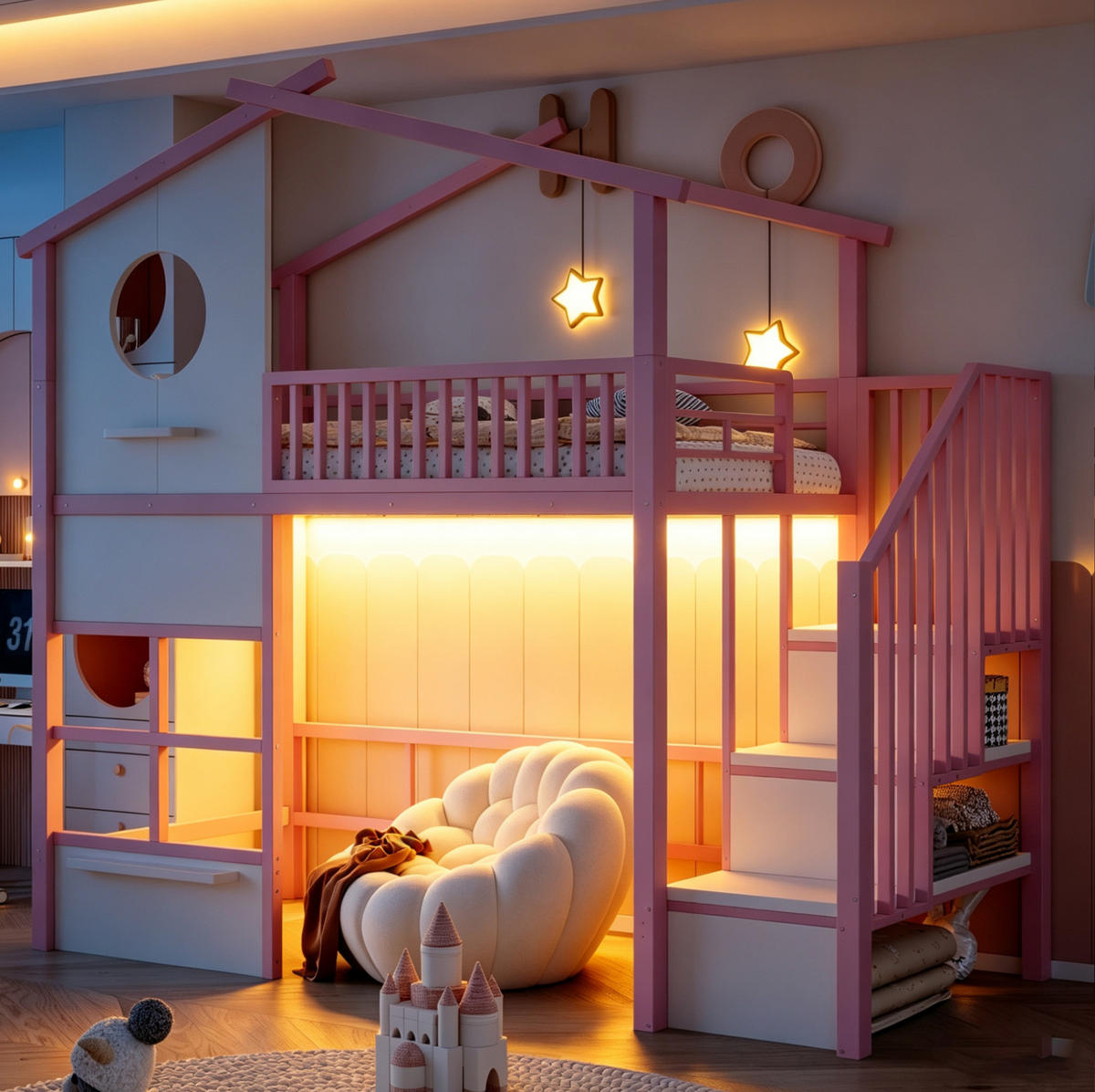 HOCHBETT aus Metall 90x200 cm Weiß/Rosa mit Stauraumtreppe, LED-Lichtband und Hausdesign - Weiß, Metall (90/200cm) - Modfu
