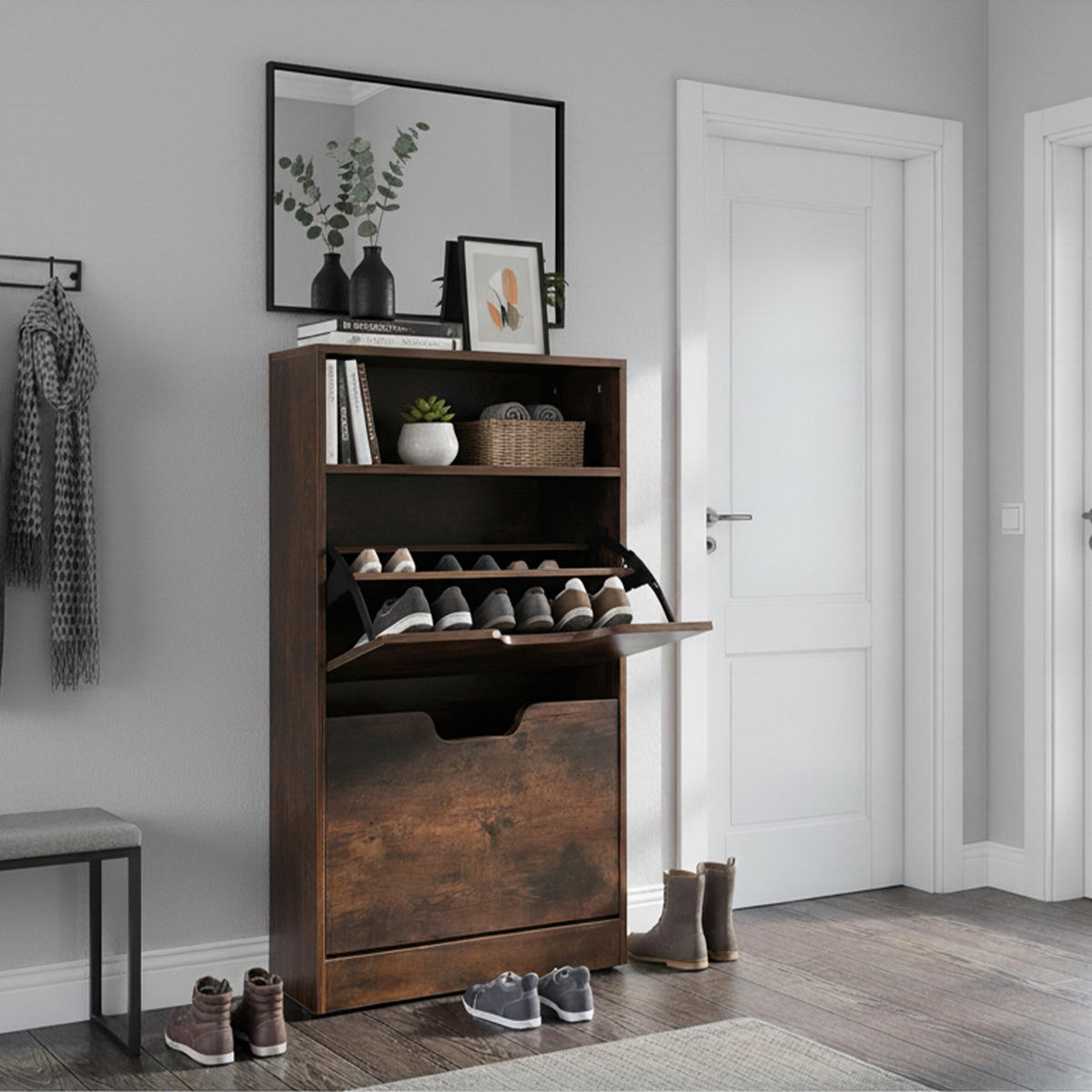 SCHUHSCHRANK - Dunkelbraun, Holzwerkstoff/Kunststoff (60/102/24cm) - Relaxdays