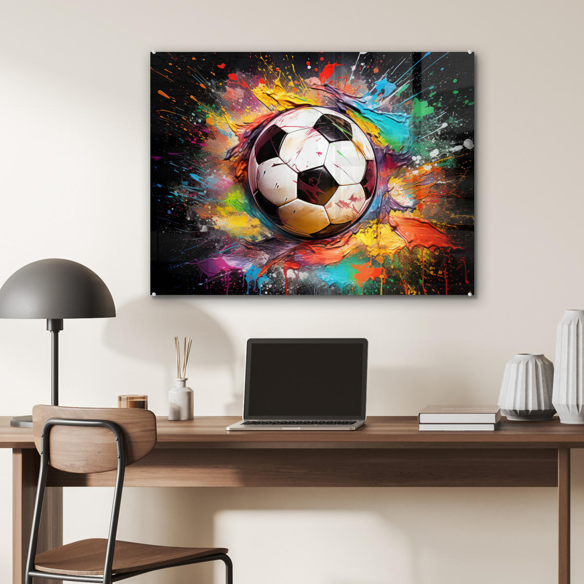 ACRYLGLASBILD Fußball - Farbe - Farben - Schwarz - Weiß 80x60 cm - Weiß, Glas (80/60cm) - MuchoWow