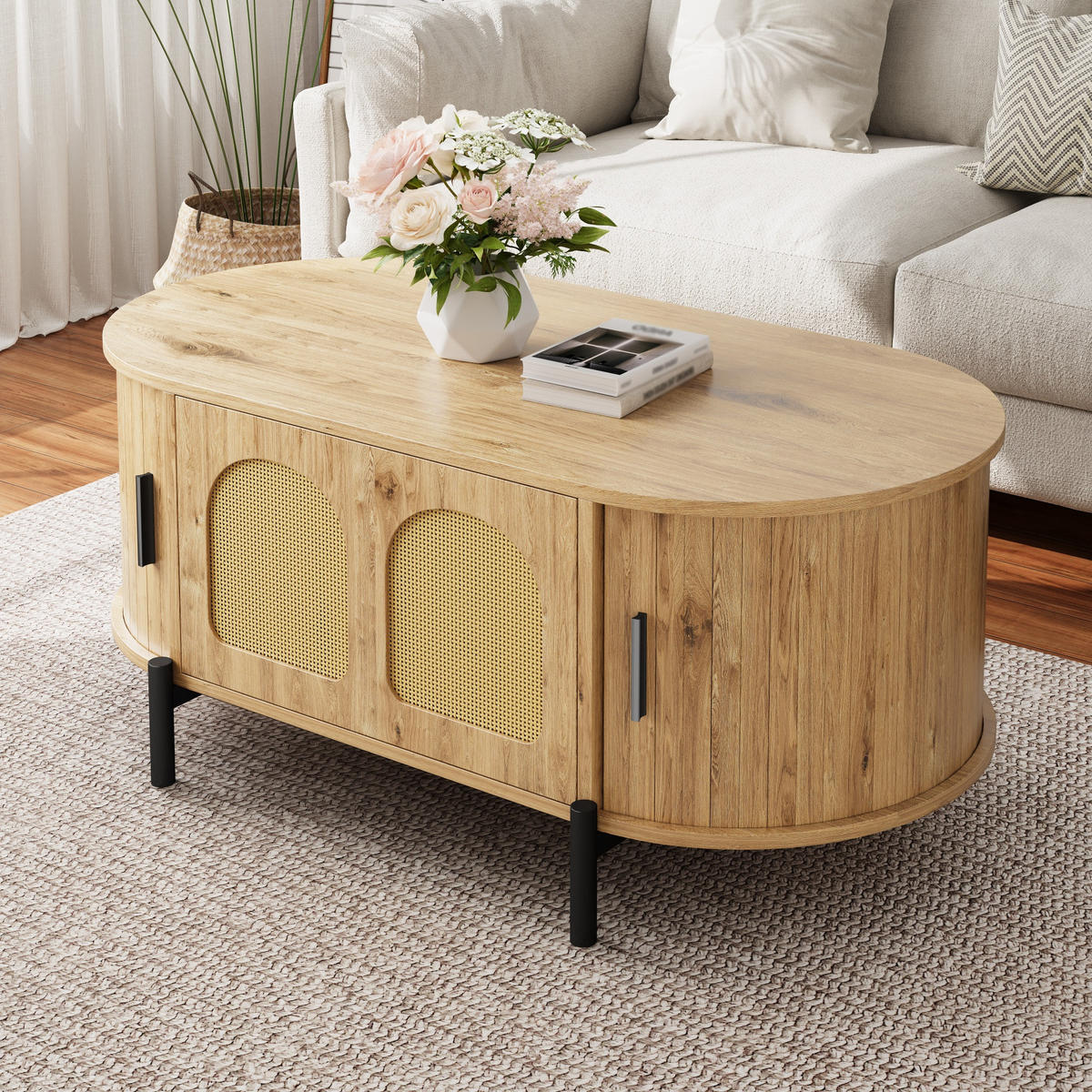 COUCHTISCH in Holzoptik Ovaler Wohnzimmertisch mit Schiebetüren und Stauraum, B100/T50H40(cm) - Schwarz/Naturfarben, Holzwerkstoff/Metall (50/100/40cm) - STILVORA
