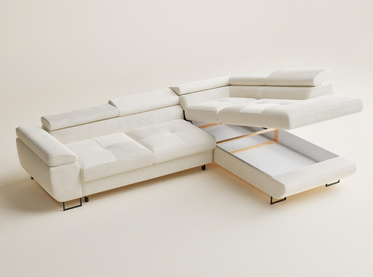 ECKSOFA Concord Creme Chenille-Stoff - Rechts Seite - Creme/Schwarz, Holz/Holzwerkstoff (277/203cm) - Maison de Reve