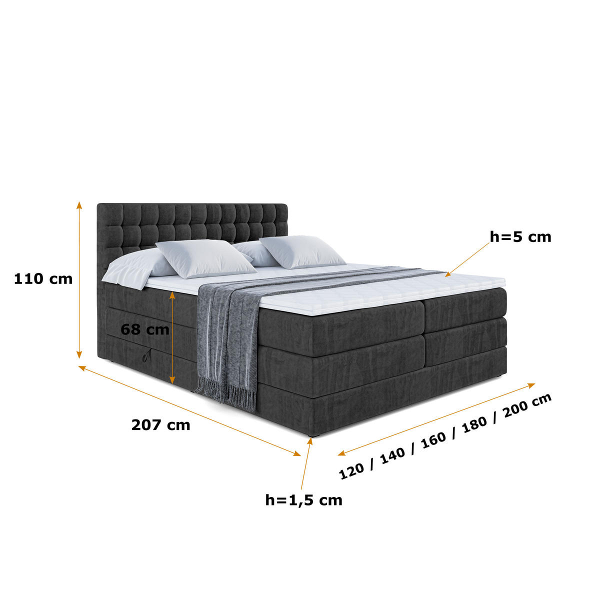 BOXSPRINGBETT VIONE KING - 120 x 200 - H3/H4 - Schwarz - Schwarz, Holzwerkstoff (120/200cm) - ALTDECOR