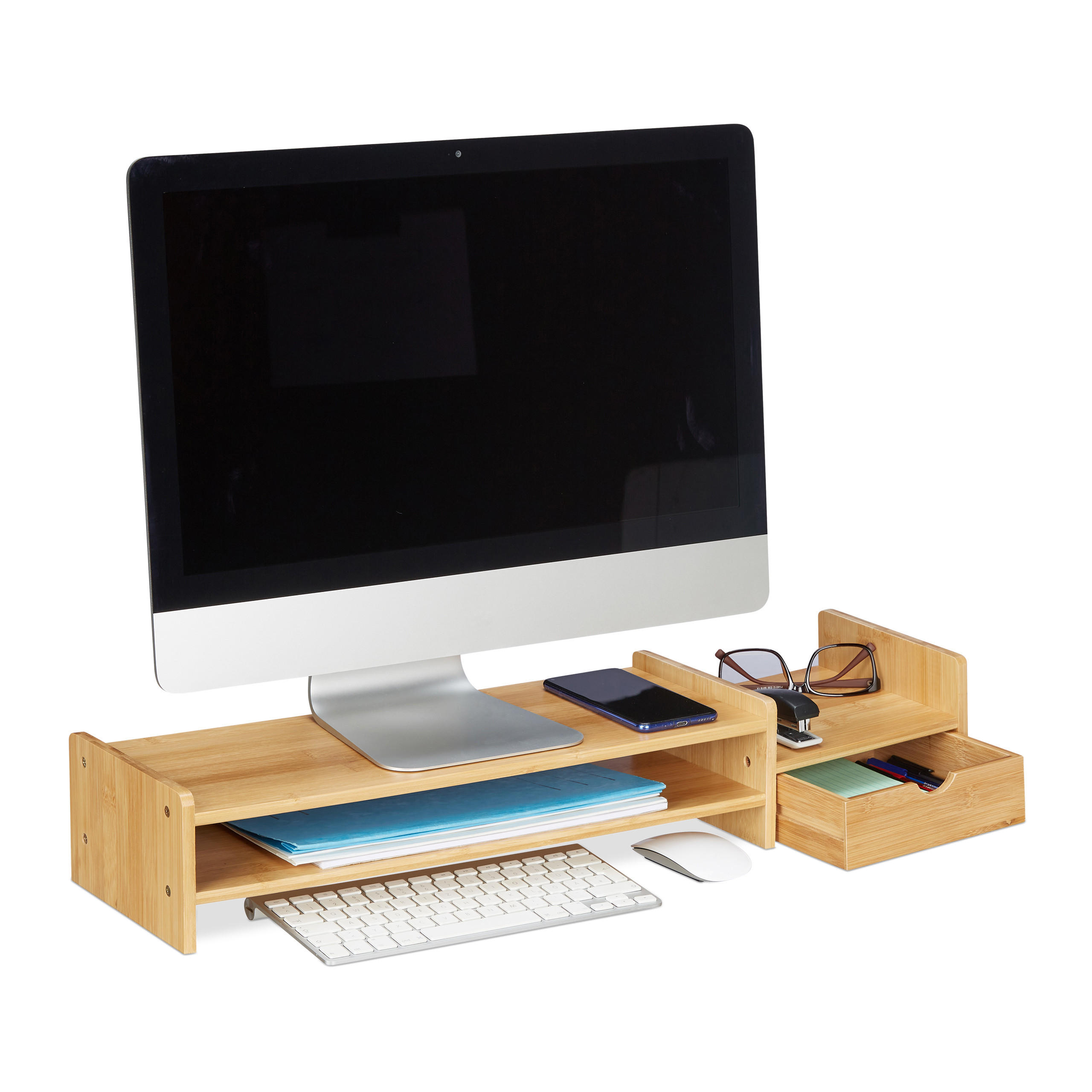 MONITORSTÄNDER Natur Bambus mit Schublade 70 cm - Hellbraun, Holz (19/70/12cm) - Relaxdays