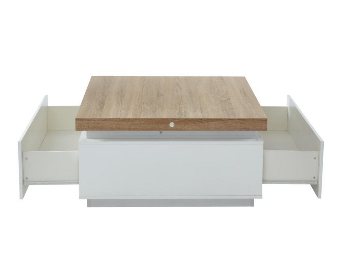COUCHTISCH mit 2 Schubladen & LEDs - MDF lackiert - Weiß & Eichefarben - HALO II - Naturfarben, Holz (90/90/45cm) - Vente-Unique