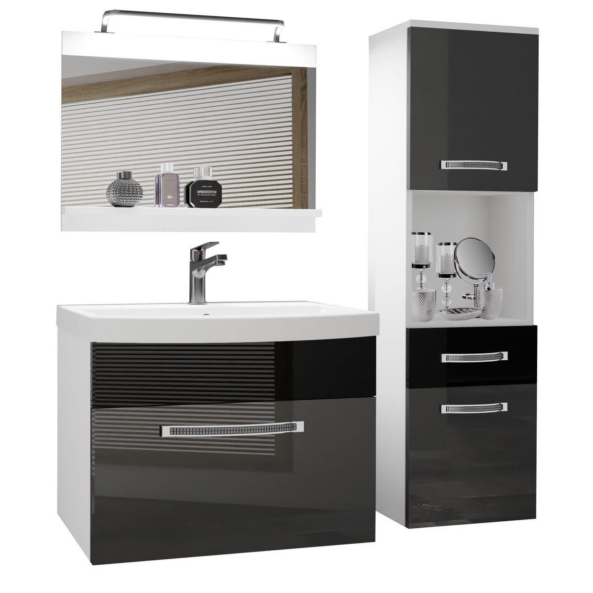 BADMÖBEL Badezimmer Silber Schwarz Glänzend - Silberfarben/Schwarz, Holz (100/113/40cm) - B BELINI GROUP