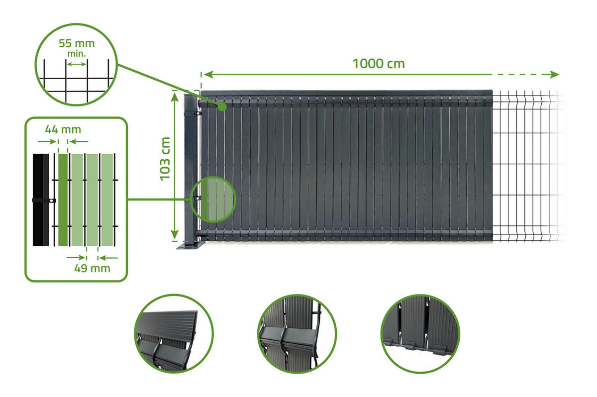 PVC-SICHTSCHUTZLAMELLEN-STEIF-SET Cinto grau 10m H.100cm - Mit clips und Endprofil - Grau, Kunststoff (1000/103cm) - Casanoov