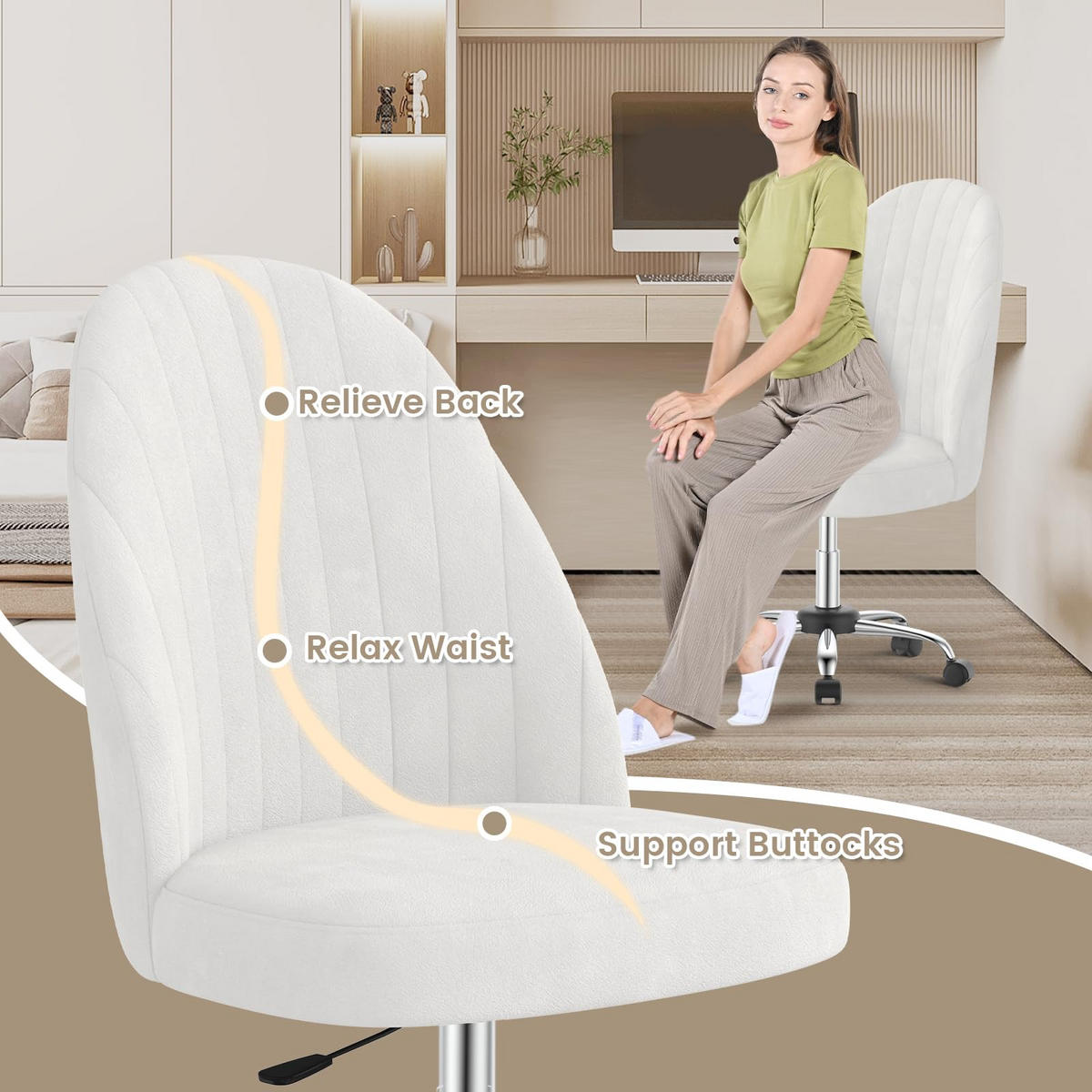 DREHSTUHL Beige Samt ergonomisch drehbar - Hellgelb, Metall (30/44.5/48.5cm) - Rattrix