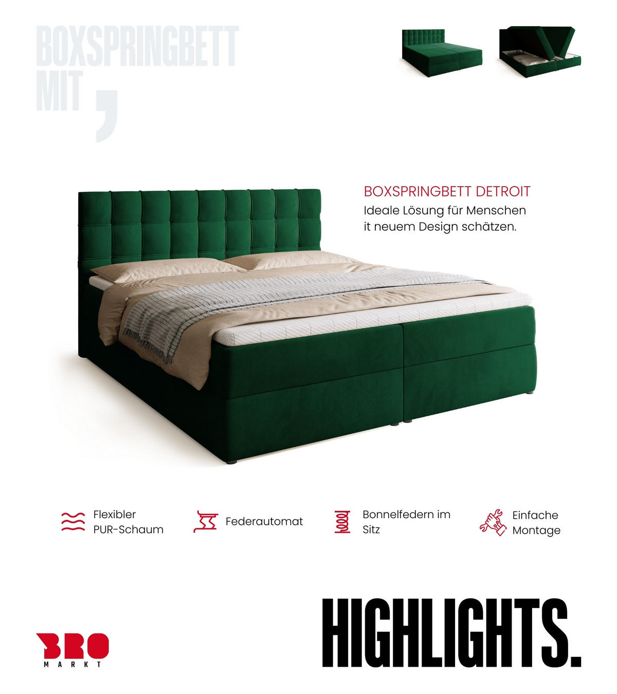 BOXBETT Detroit mit Topper 180/200 Grün - Grün, Holzwerkstoff/Textil (180/200cm) - Bromarkt