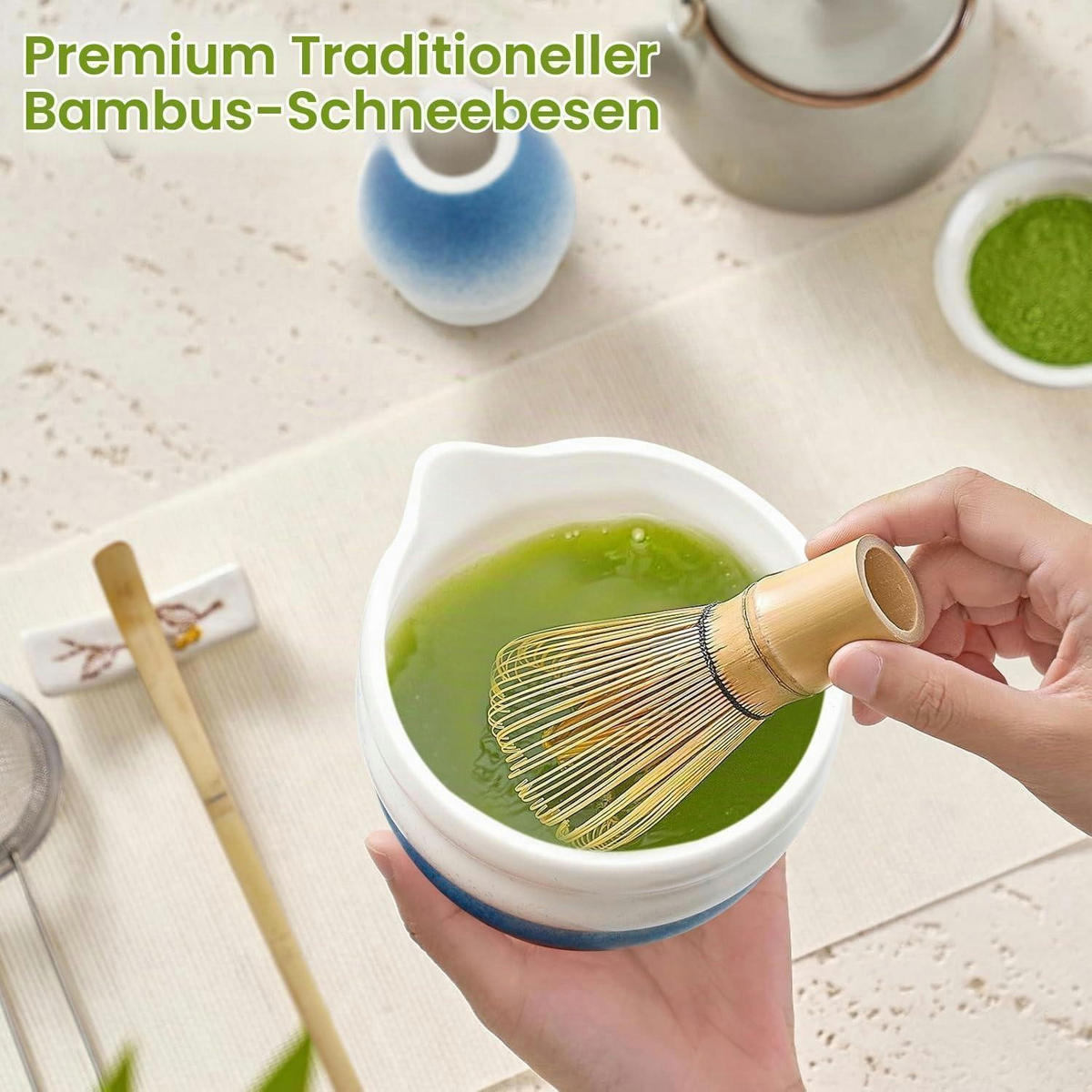 MATCHA Set 5-teiliges Set mit Schale und Bambusbesen (Blue) - Blau, Keramik (18.2/12.7/20.5cm)