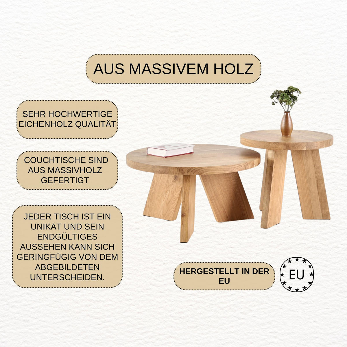 COUCHTISCH SET Eichenholz vollmassiv rund Naturbelassenen 70/70/37 - Naturfarben, Holz (70/70/37cm)