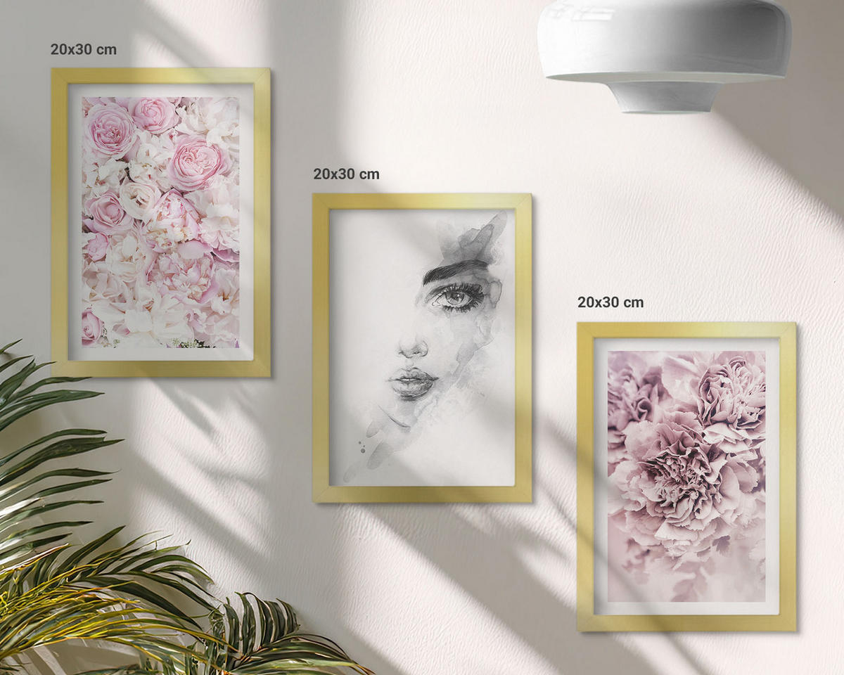 WANDBILDER 3er Set - 20x30 cm Goldrahmen - Pfingstrosenporträt einer Frau in Schwarzweiß - Goldfarben, Kunststoff (20/30cm) - ArtPrintCave