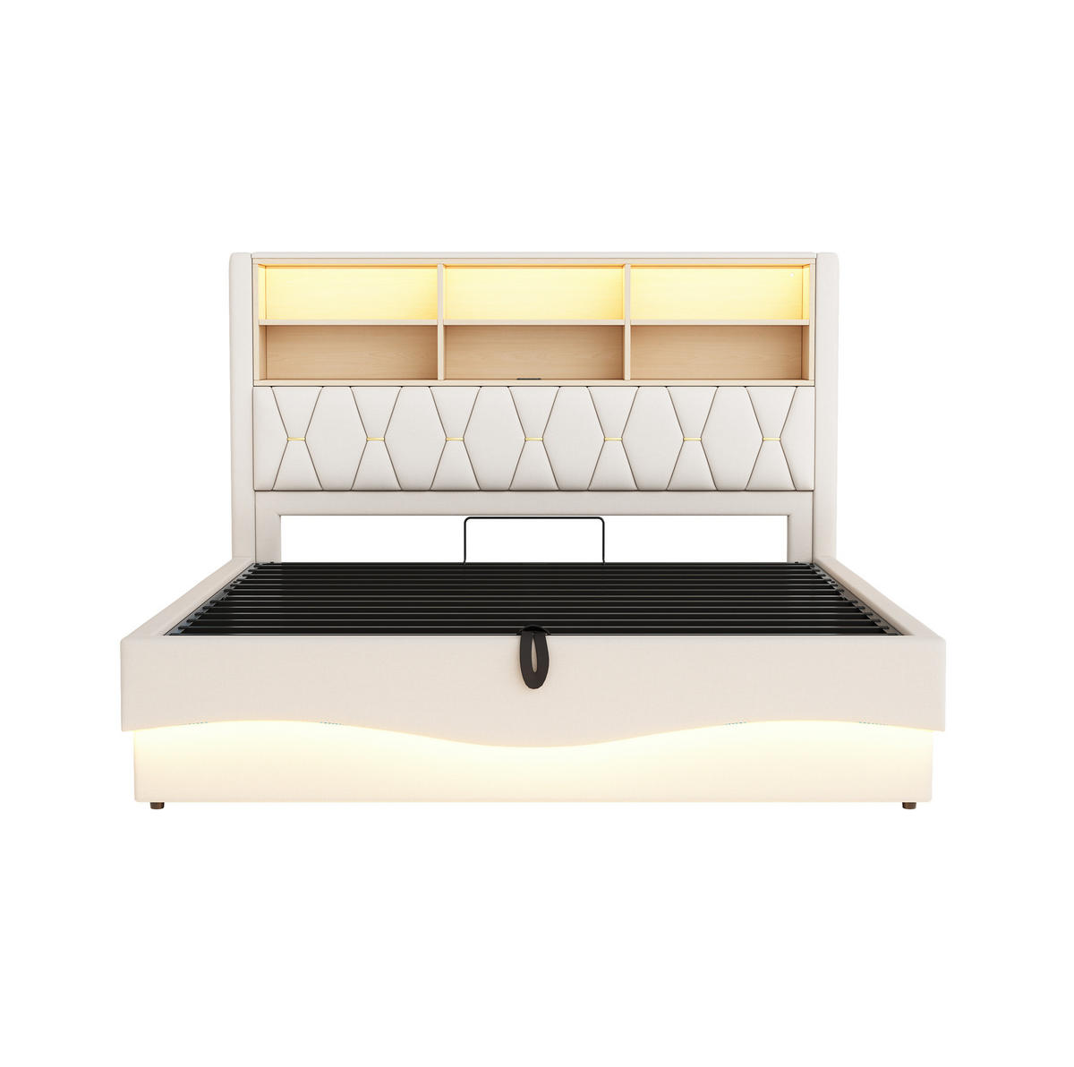 POLSTERBETT 180/200 cm mit hydraulischem Stauraum und LED-Beleuchtung - Beige, Metall (180/200cm) - OKWISH