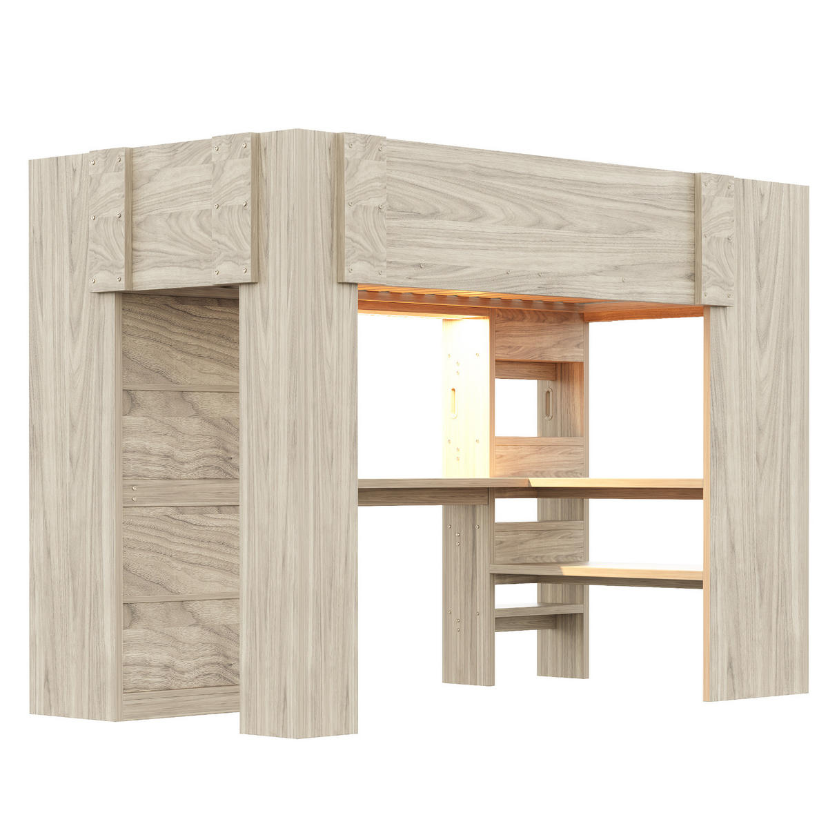 HOCHBETT 90/200 cm Holzfarbe mit Schreibtisch, Kleiderschrank und LED - Naturfarben, Holzwerkstoff (90/200cm) - MIVRAY