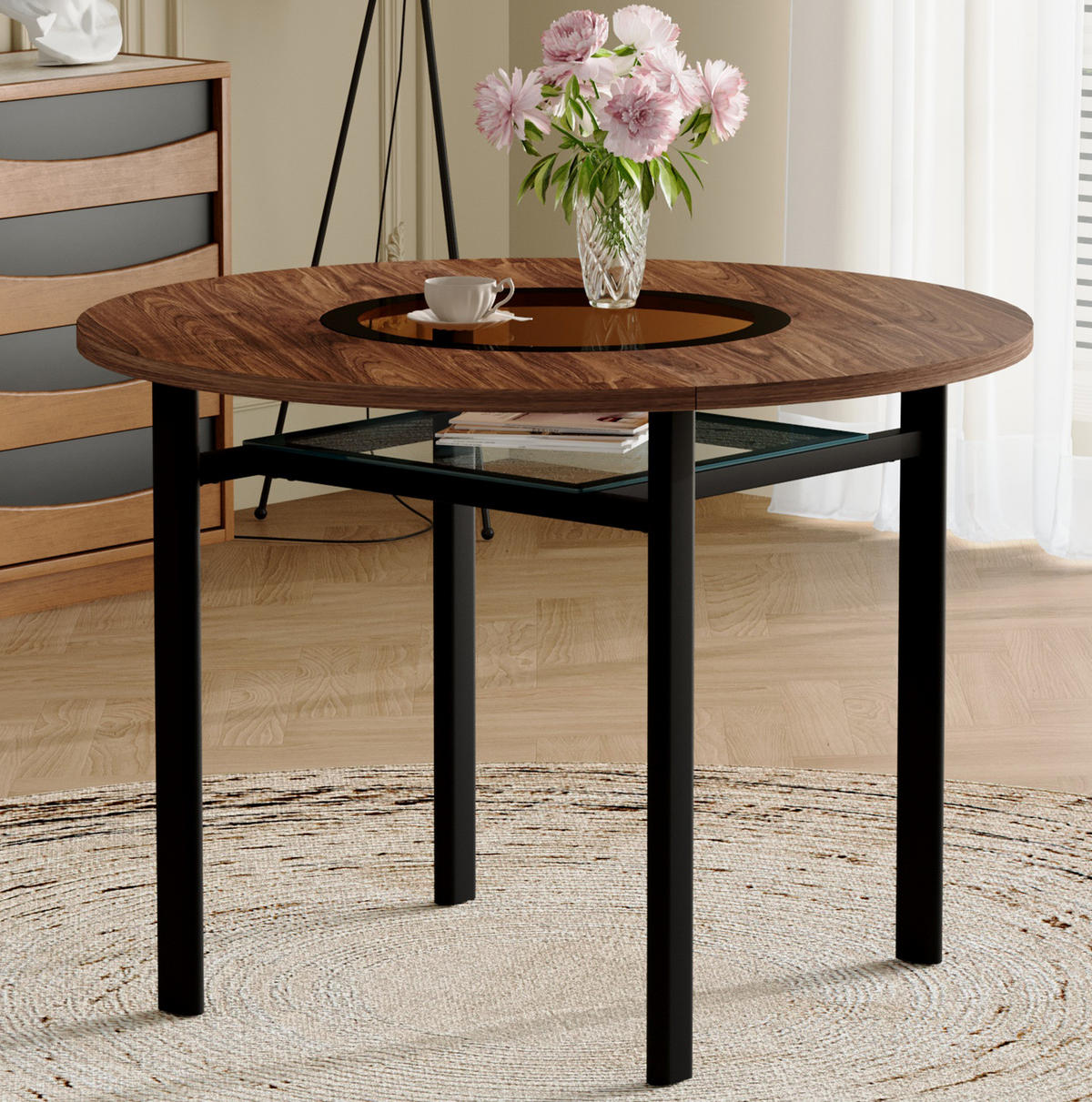 ESSTISCH rund 100 cm in Braun/Schwarz mit Glasintarsie und Ablage - Braun, Holzwerkstoff (100/100/76cm) - Flora Grace