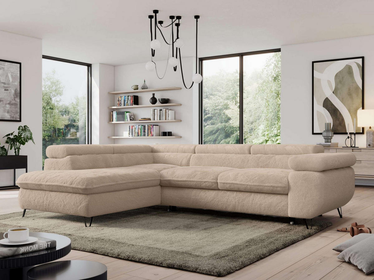 ECKSOFA PEDRO L Beige Plüsch - Links Seite - Beige/Schwarz, Textil/Metall (208/273cm) - MKS