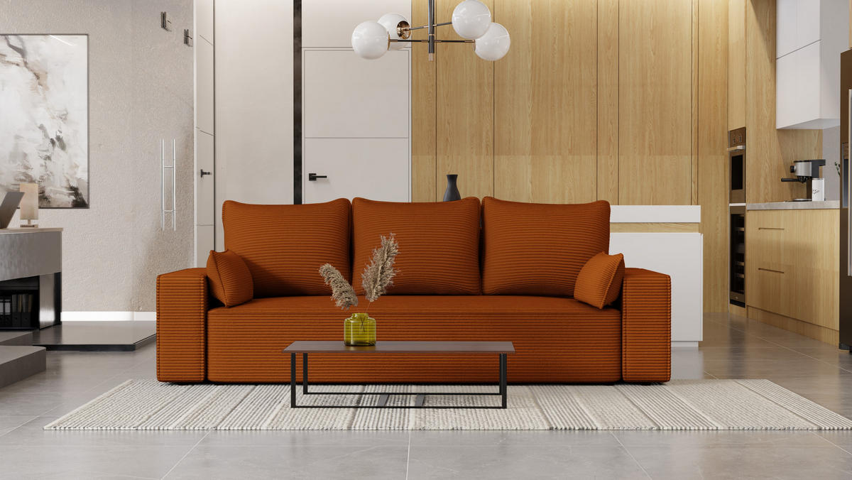 SOFA Vens mit Bettkasten und Schlaffunktion, Cordstoff - Rostfarben, Holzwerkstoff (242/85/95cm)