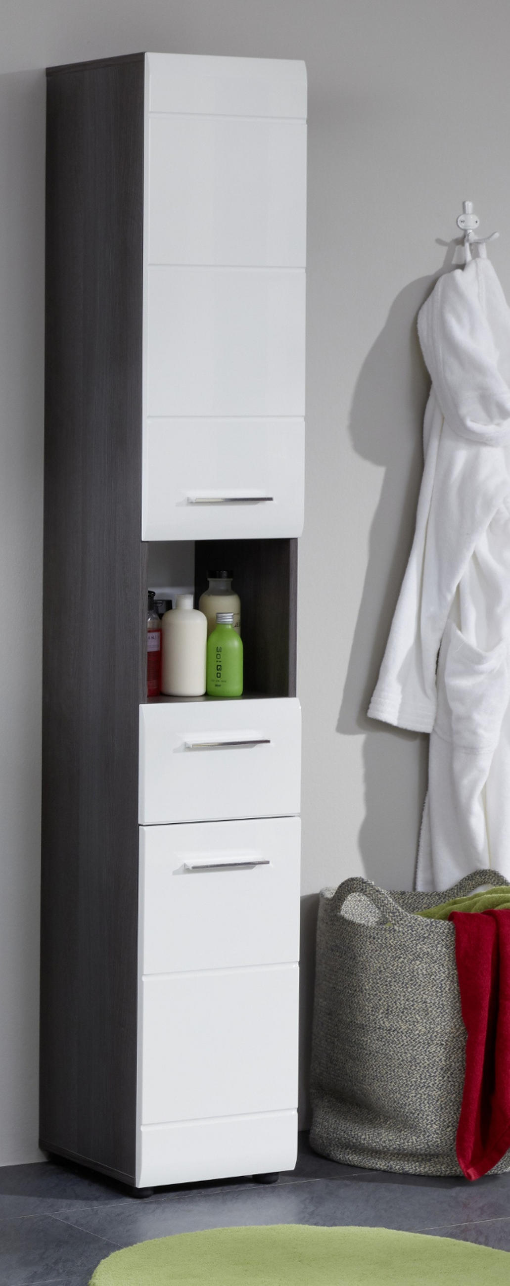HOCHSCHRANK weiß Hochglanz, grau Rauchsilber 30 cm, Badschrank wechselbarer Türanschlag - Weiß Hochglanz/Silberfarben, Holzwerkstoff/Kunststoff (30/182/31cm) - Top.Furn