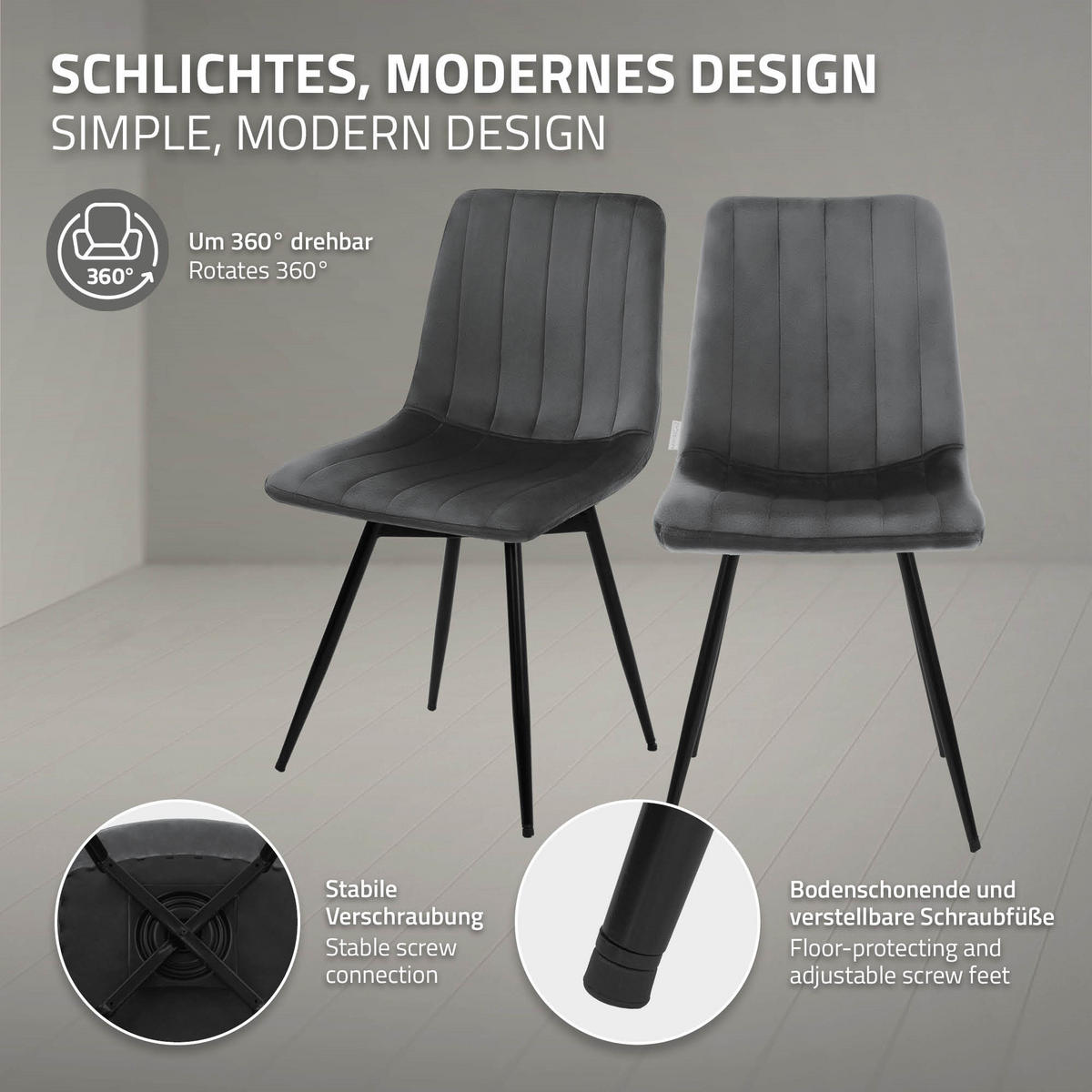ESSZIMMERSTÜHLE 2er Set drehbar Küchenstühle gepolstert aus Samt Anthrazit - Anthrazit/Schwarz, Textil/Metall (43/81/52cm) - ML-DESIGN