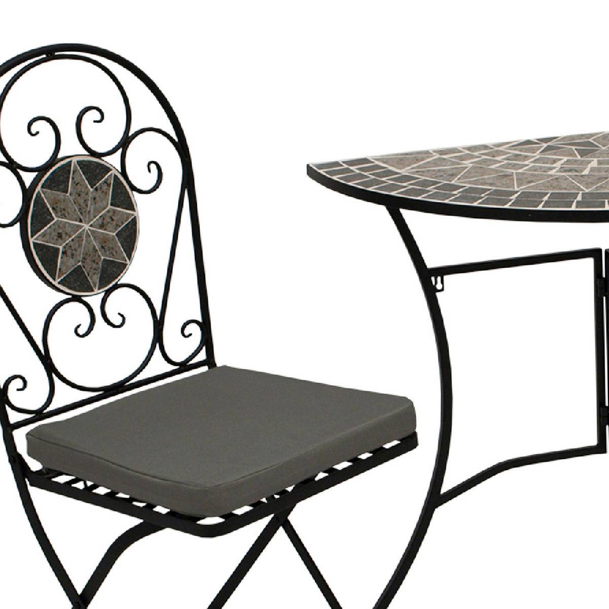 BISTROSET Derby - Gartenset 3-teilig (2x Klappstuhl, 1x Wandtisch 90x45cm halbrund) aus schwarz pulverbeschichtetem Eisen - Grau, Metall - TPFGarden