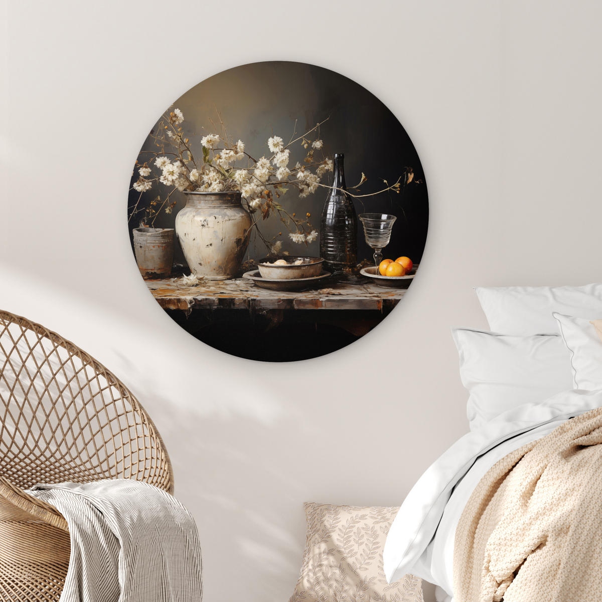 WANDBILD Stilleben - Blumen - Blumenstrauß - Vase - Wein 90x90 cm - Hellgrau, Kunststoff (90/90cm) - MuchoWow