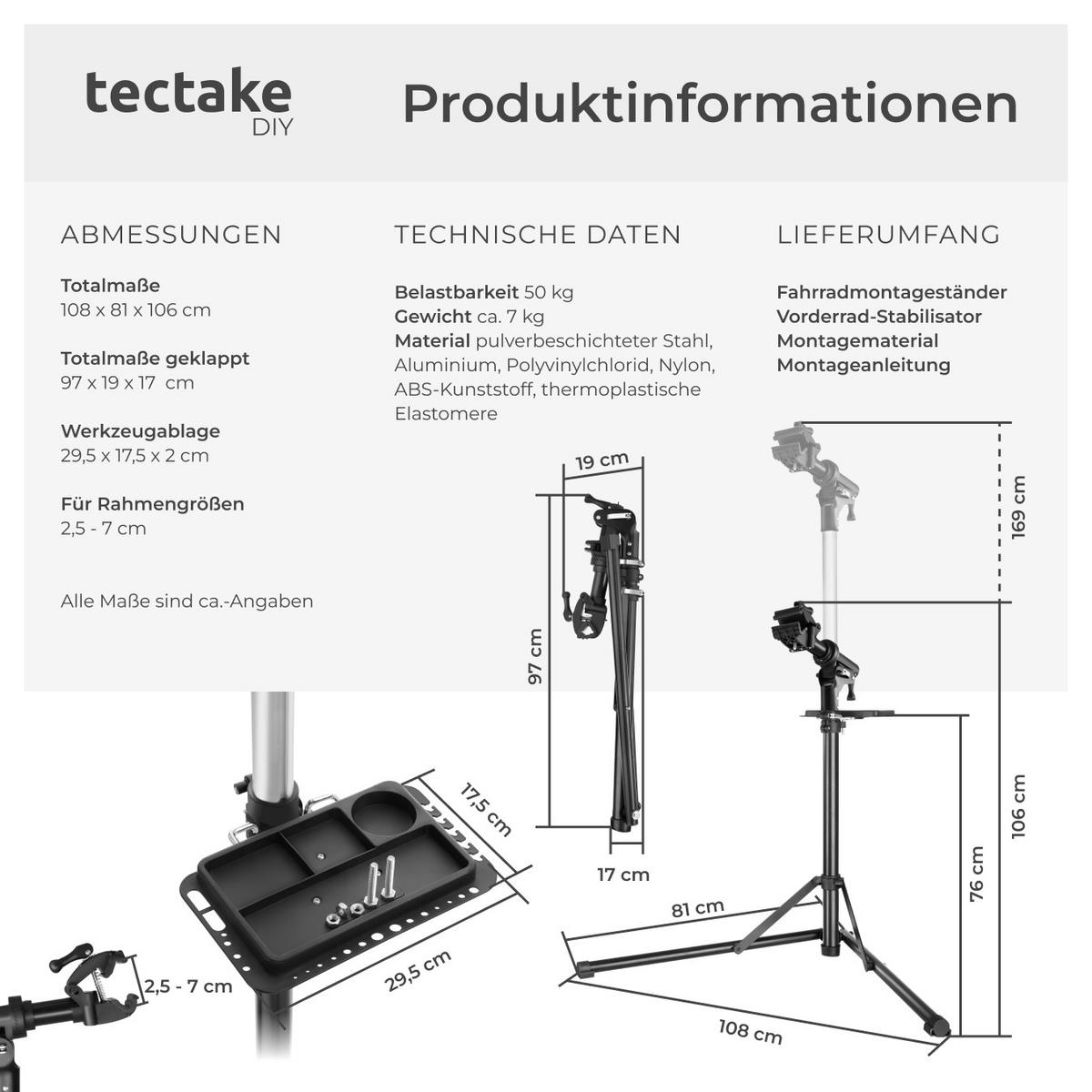 FAHRRADMONTAGESTÄNDER Jan,inklusive Vorderrad-Stabilisator,grau/schwarz - Schwarz/Grau, Textil (81/169cm) - tectake