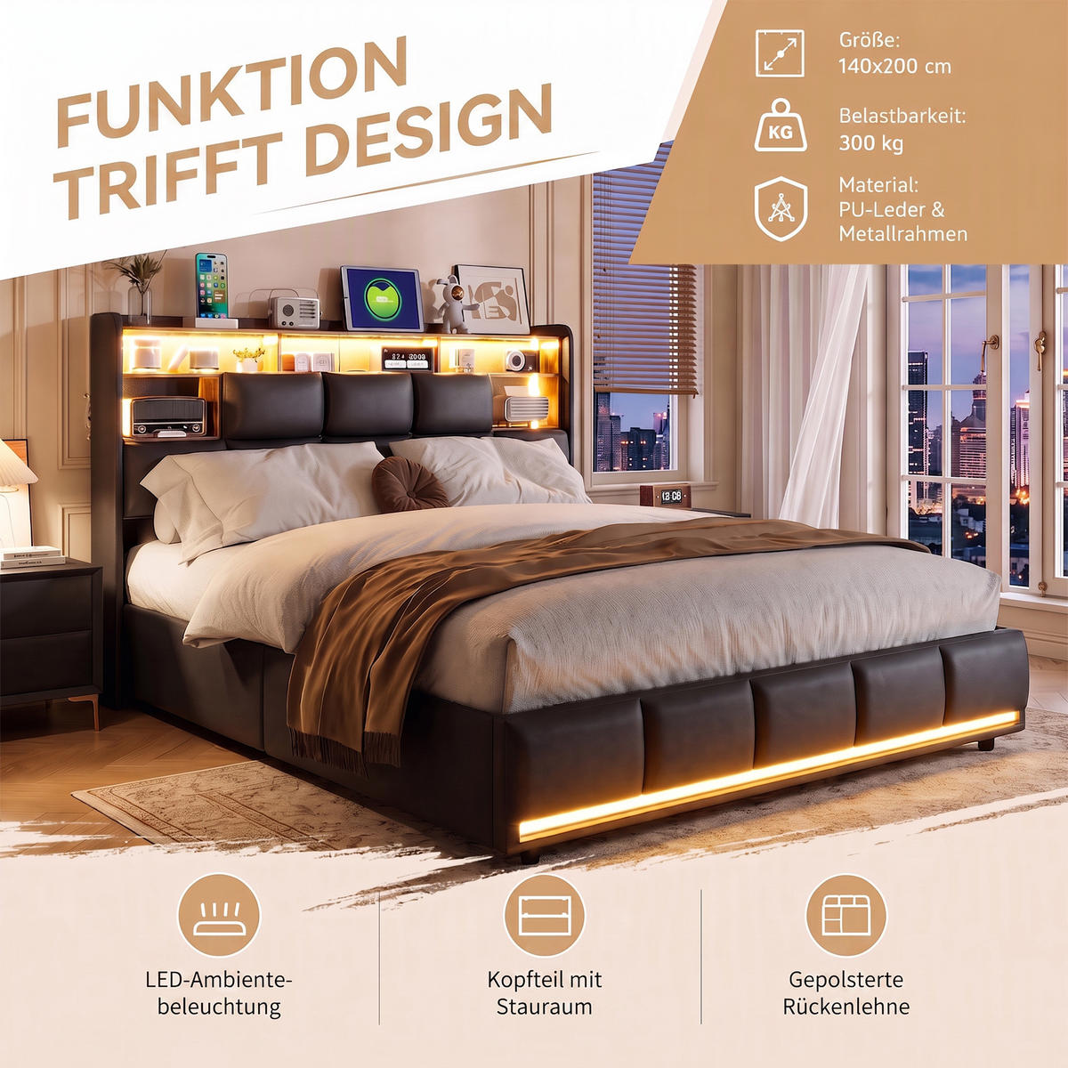 POLSTERBETT 140x200, Doppelbett mit Bettkasten, LED und USB, hydraulischer Stauraum, PU Schwarz - Schwarz, Leder/Holz (140/200cm) - GENKI LIVING