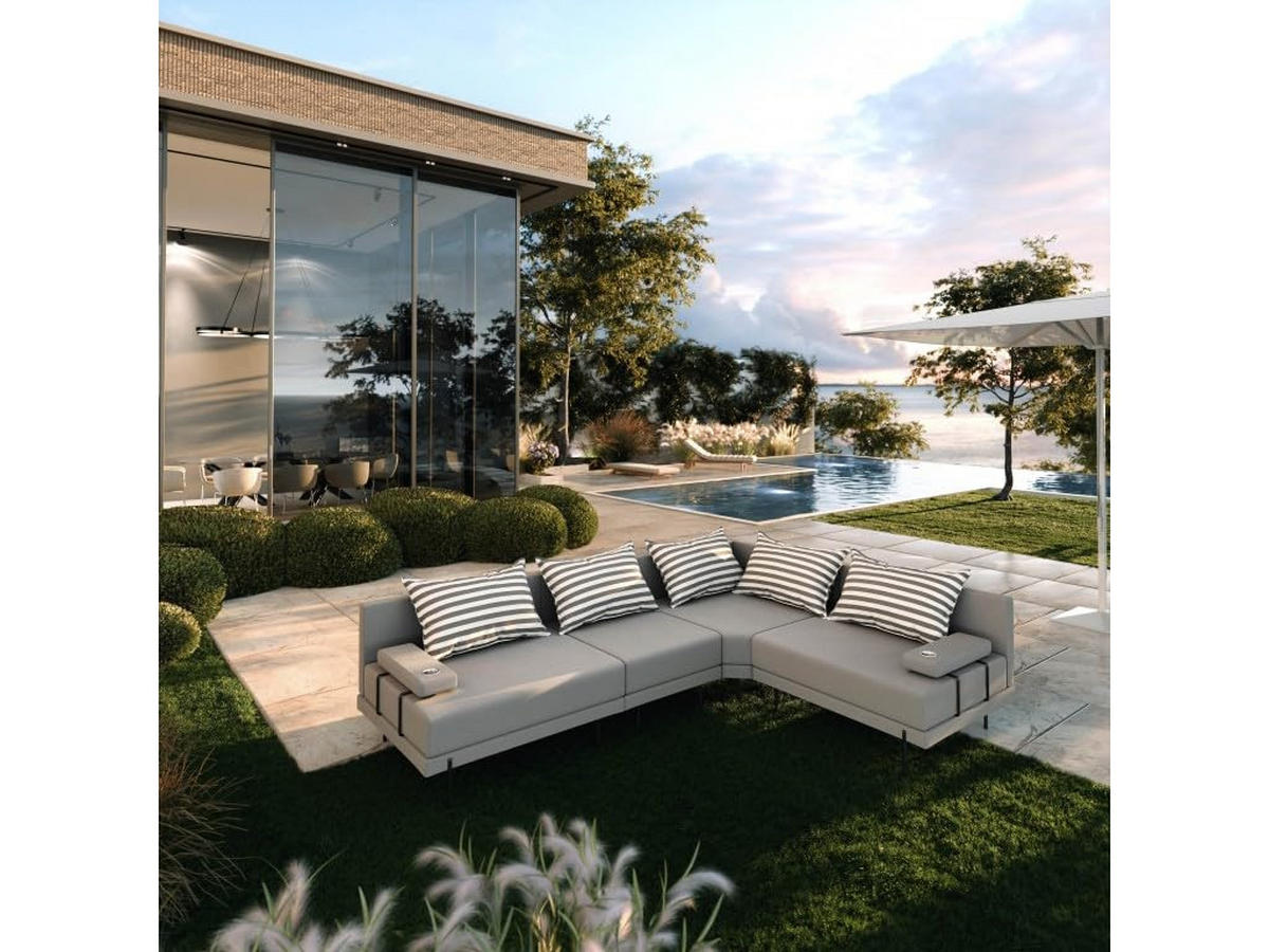 GARTENSOFA BAHAMA M - Rechts - Wetterfeste Balkonmöbel & Terrassenmöbel Außen - Moderne Lounge Möbel für Garten - Balkon & Terrasse - Grau gestreift - Grau, Kunststoff (298/75/222cm) - Trada