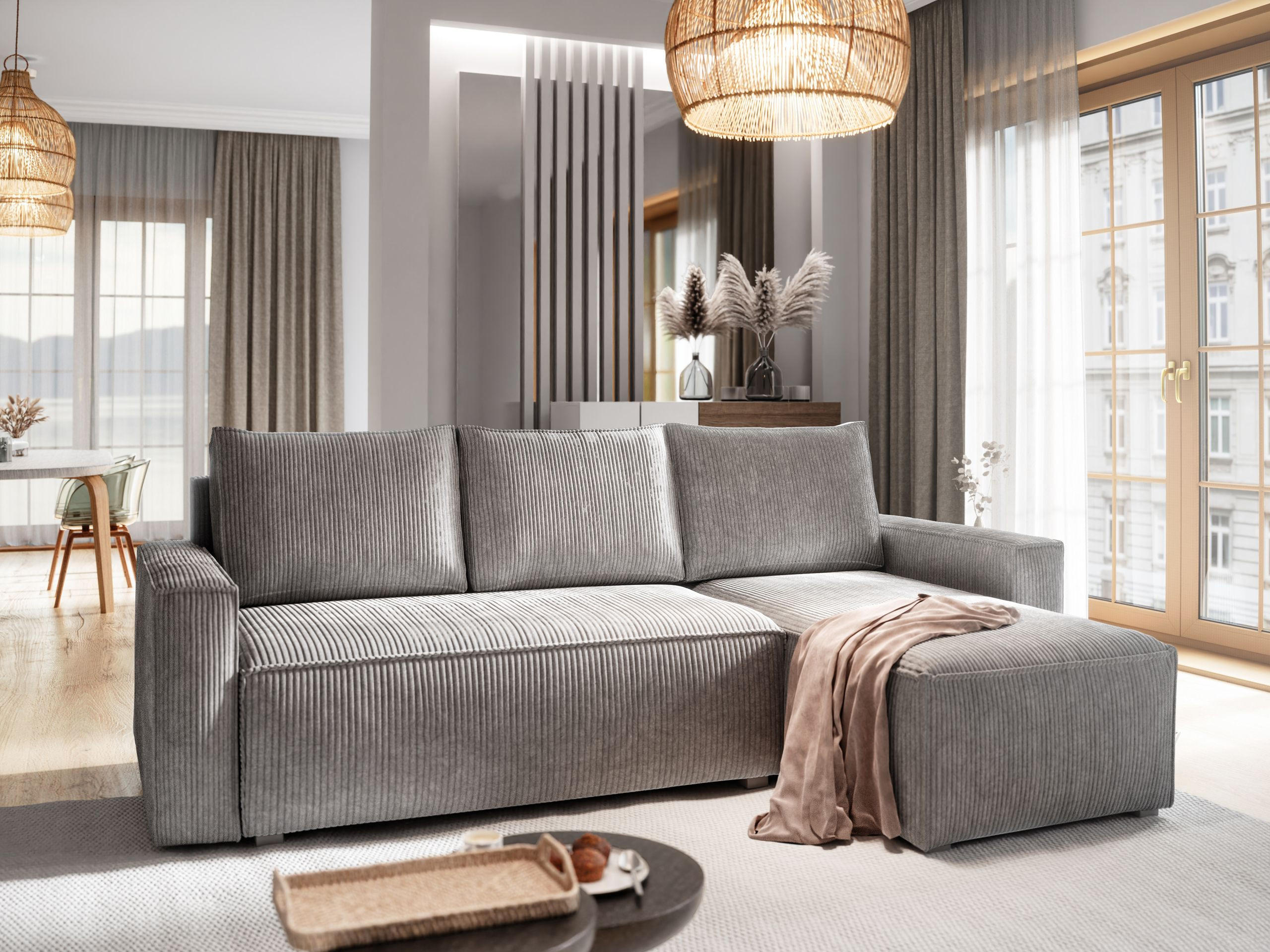 ECKSOFA POTARO Hellgrau Kordstoff mit Schlaffunktion - Hellgrau, Holz (232/140cm) - MASSENO