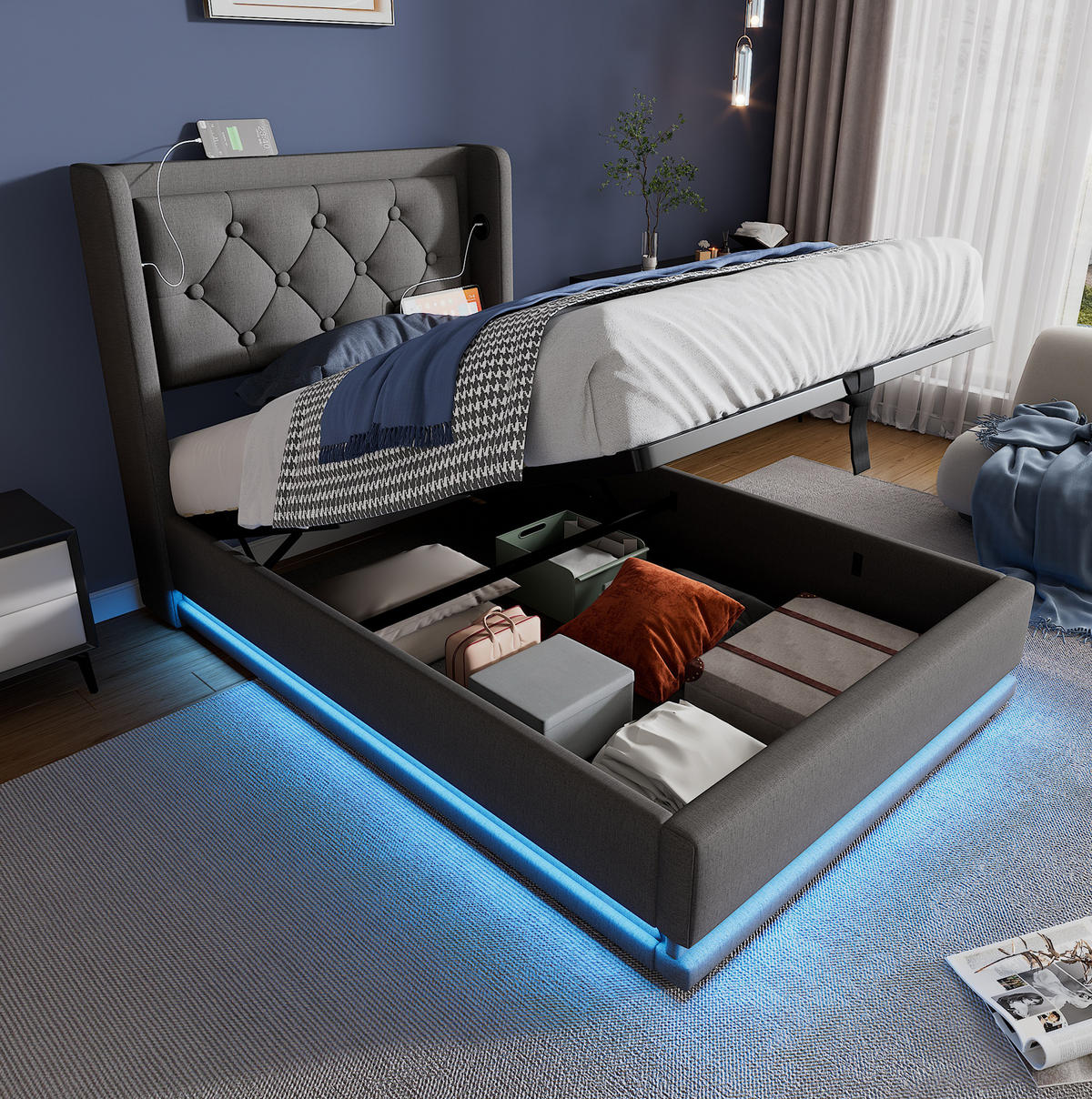 BETT mit Stauraum, USB & LED 90x200 cm Baumwolle Grau inkl. Matratze - Grau, Metall (90/200cm) - Meubliv