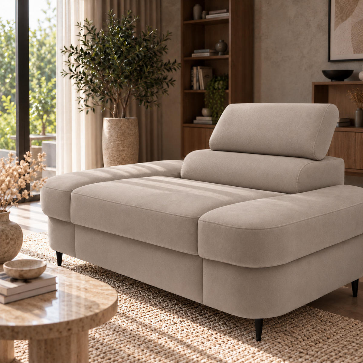 SESSEL PRIAM mit verstellbare Kopfstütze Velours Beige - Beige/Schwarz, Holz/Textil (145/97/105cm) - Muffo