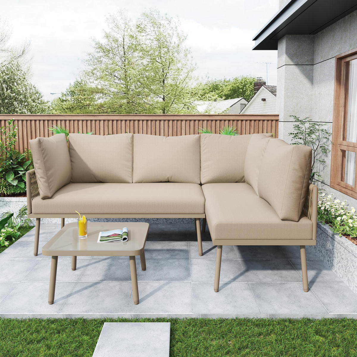 LOUNGESET L-Form Khaki 2 Sofas 1 Tisch Mit Verstellbaren Füßen - Hellbraun, Metall - FLIEKS