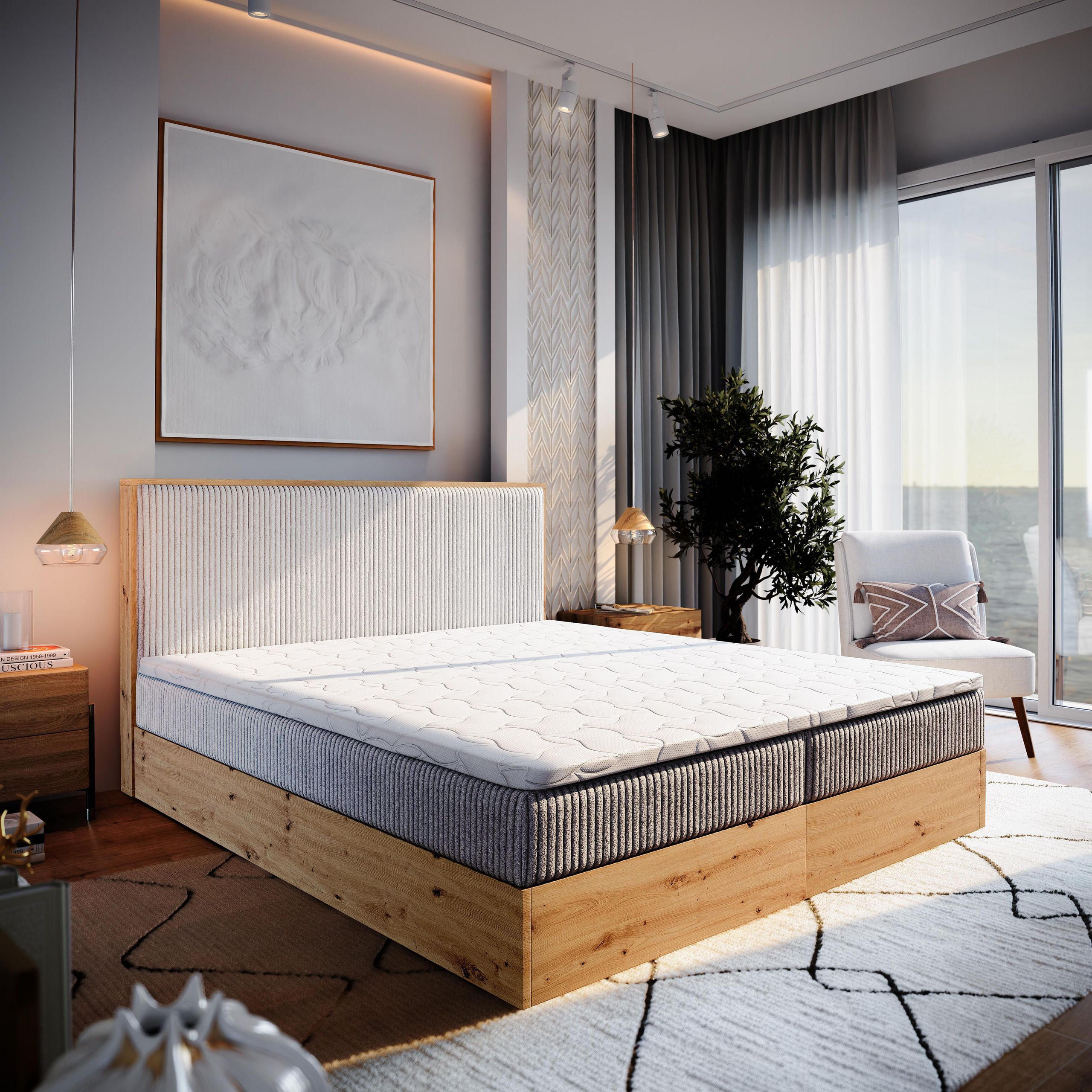 BOXBETT VERDON 160x200 cm mit Matratze und Topper - Beige - Beige, Holz (160/200cm) - MASSENO
