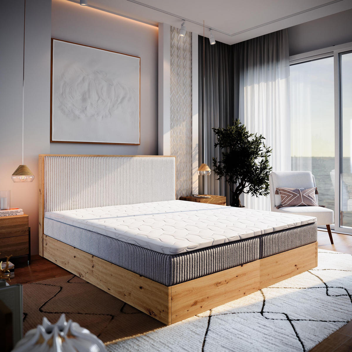 BOXBETT VERDON 160x200 cm mit Matratze und Topper - Beige - Beige, Holz (160/200cm) - MASSENO