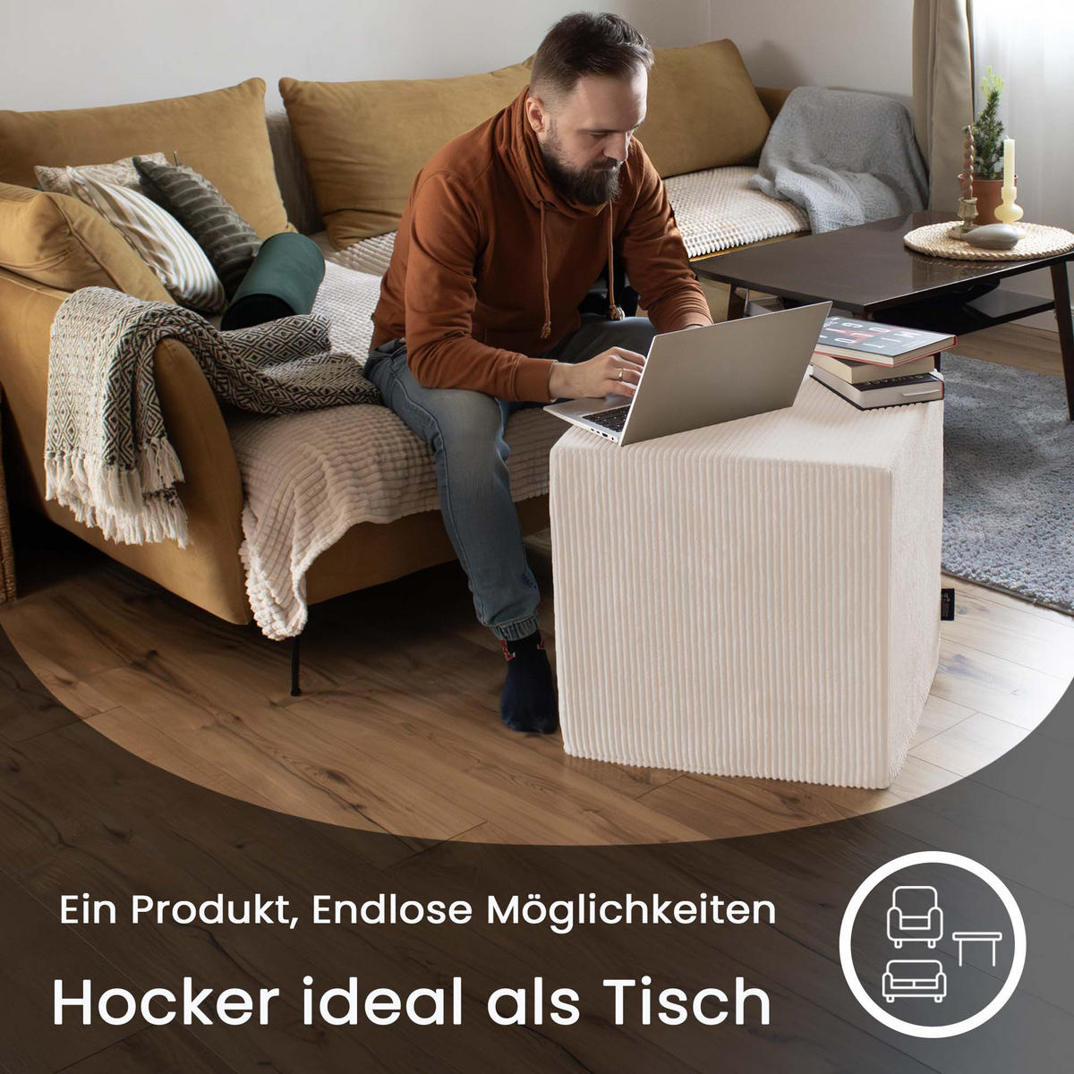 SITZSACK QUBIK HOCKER Sitzwürfel 50/50/50 cm Cord Vanilla Ice - Creme, Textil (50/50/50cm) - Dreamroots