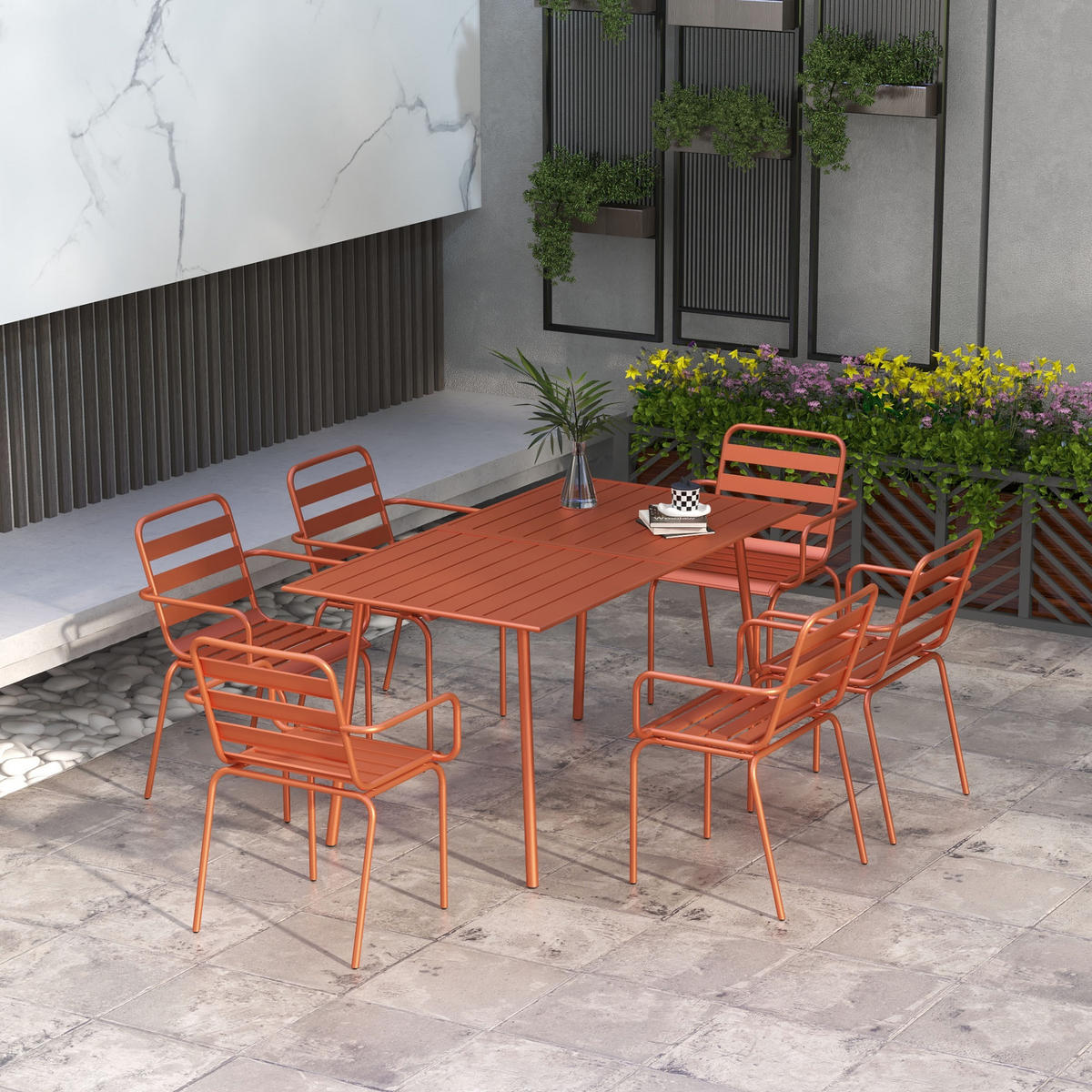 GARTENTISCHGRUPPE DE-18091 7-teilig, stapelbar Rot - Rot, Metall - ComfortXL