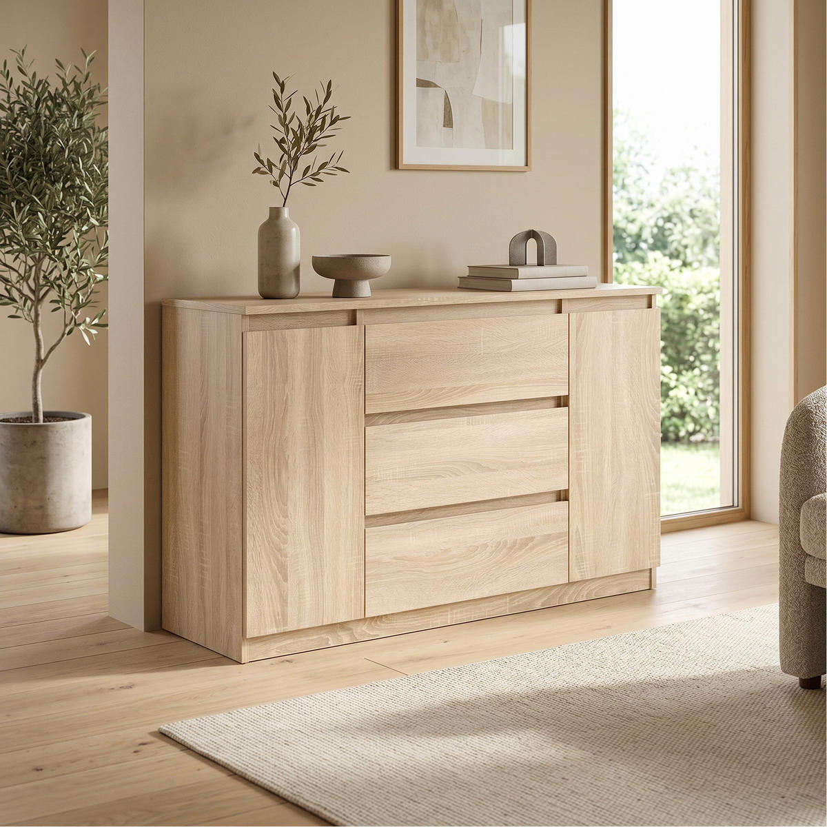 KOMMODE NUDO 120/78,5/39cm mit 3 Schubladen 2 Türen Sonoma Eiche - Sonoma Eiche, Holzwerkstoff (120/78.5/39cm) - MASSENO